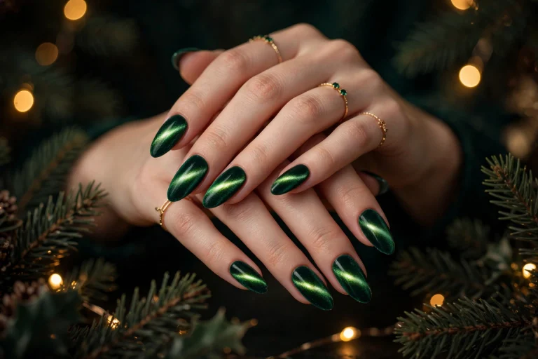 Woman's hands with deep emerald velvet Christmas cat-eye nails with magnetic shimmer against Christmas lights