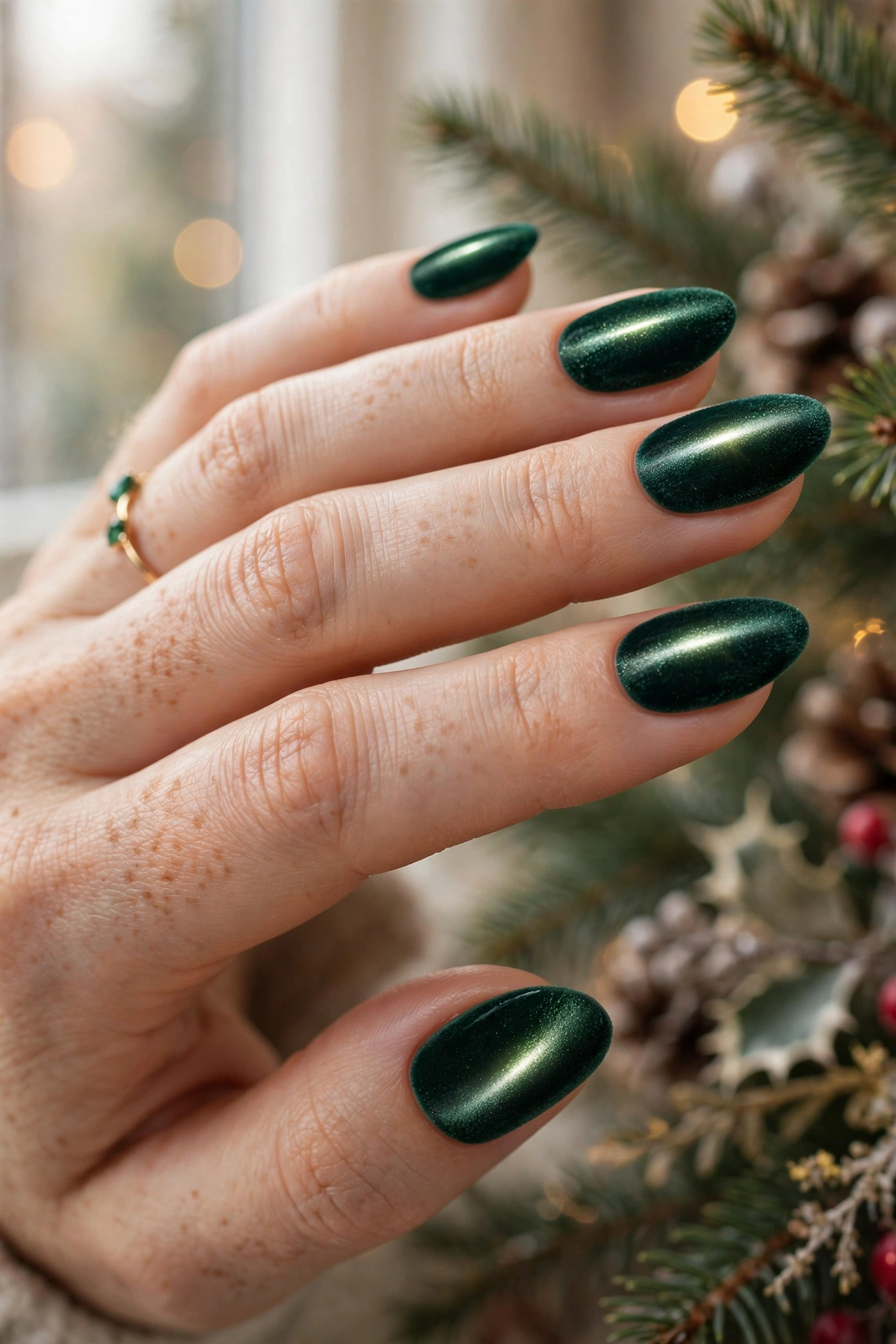 Deep emerald green velvet Christmas cat-eye nails with luminous magnetic band