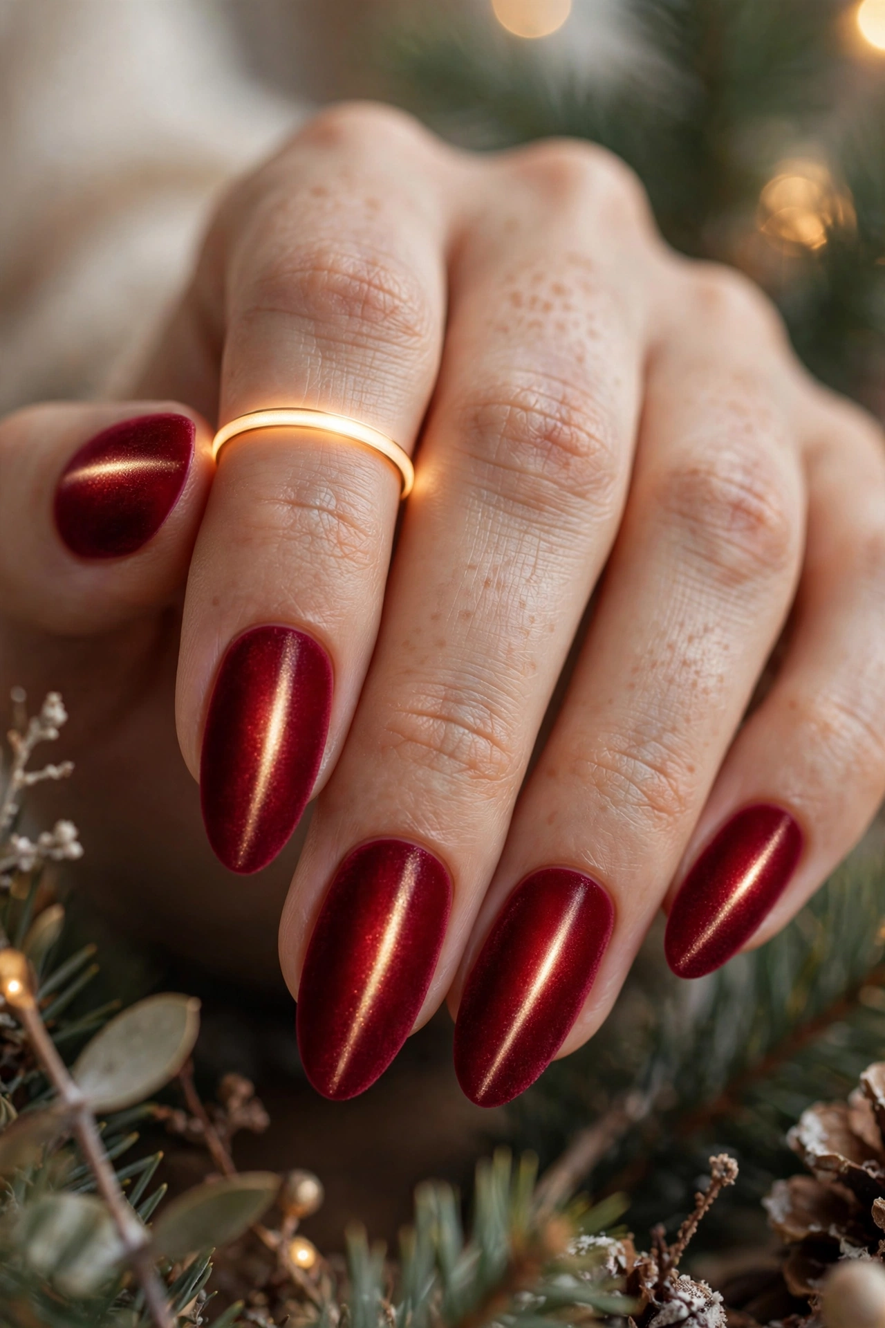 Ruby red velvet Christmas cat-eye nails with glowing magnetic band