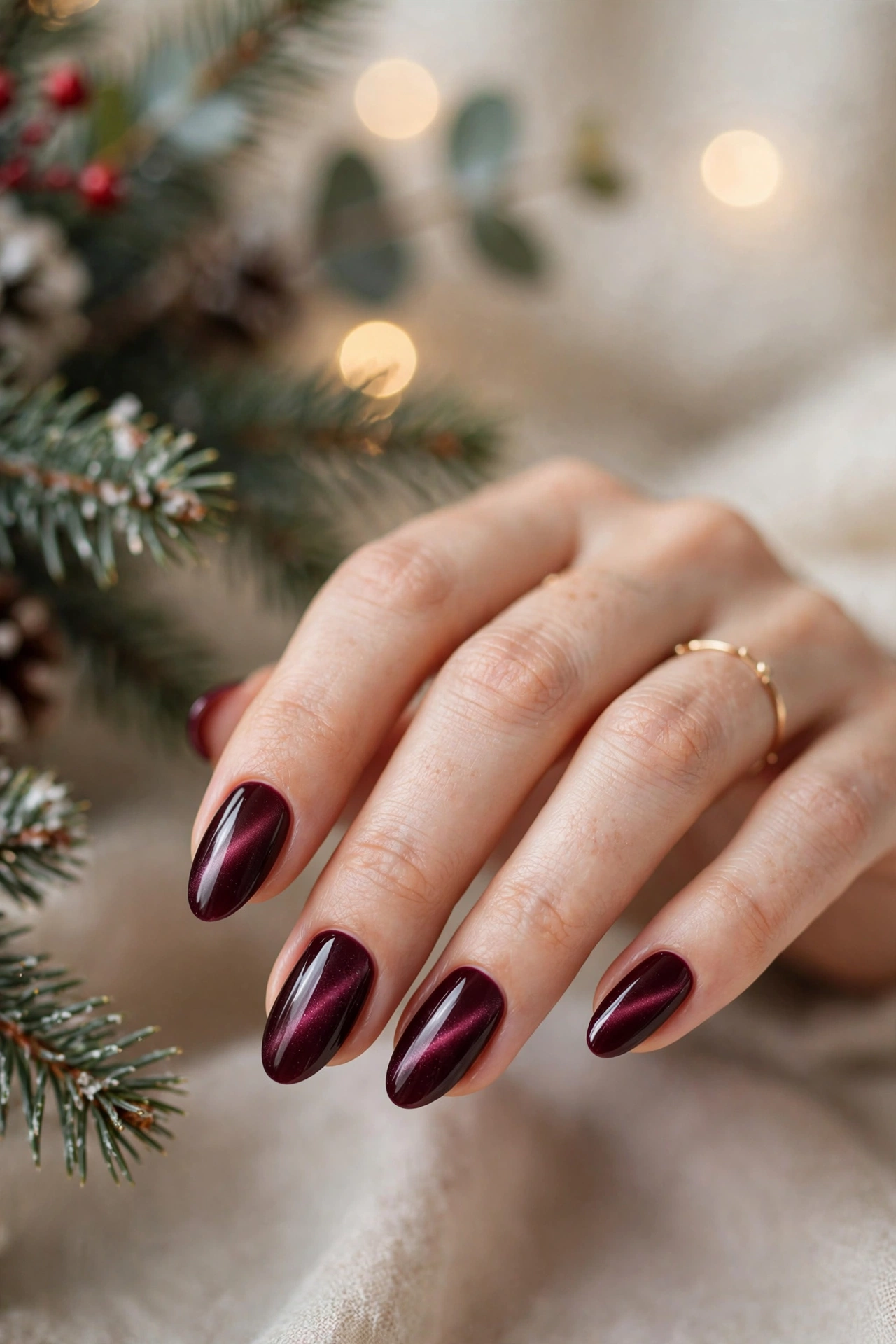 Burgundy wine magnetic Christmas cat-eye nails with soft diffused glow