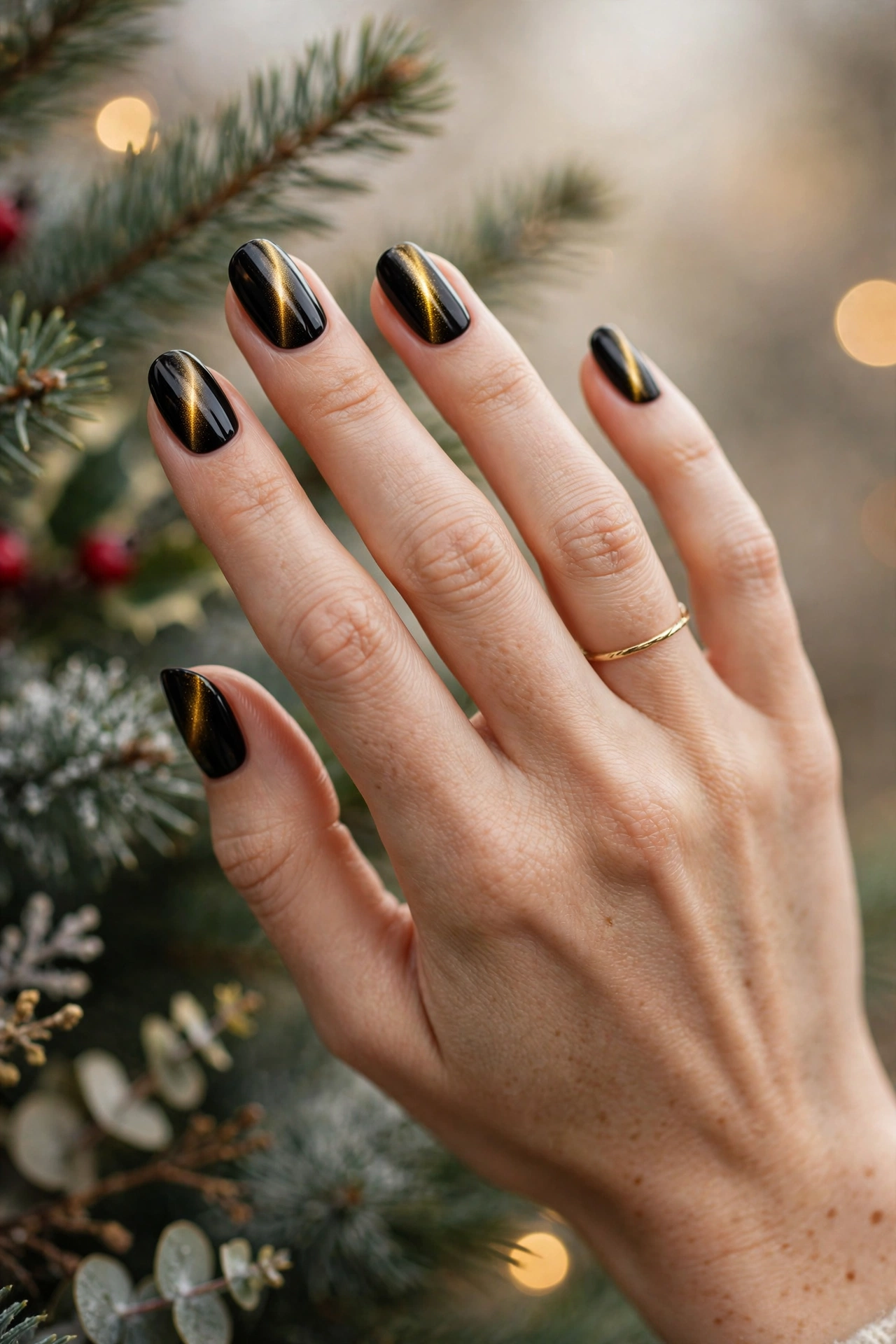 Black onyx Christmas cat-eye nails with molten gold magnetic shimmer