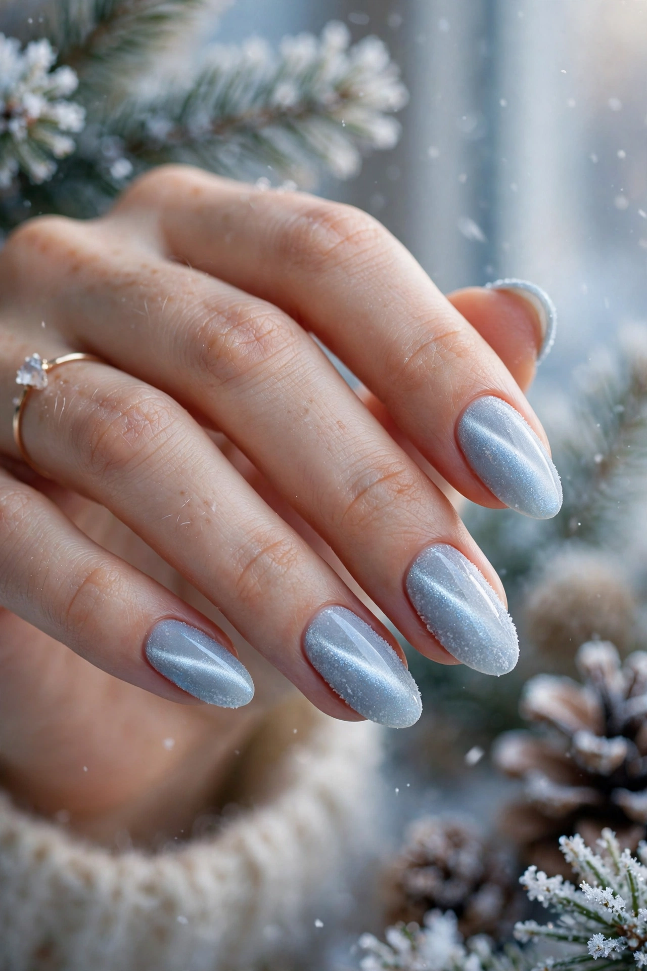 Icy silver frost Christmas cat-eye nails in pale blue