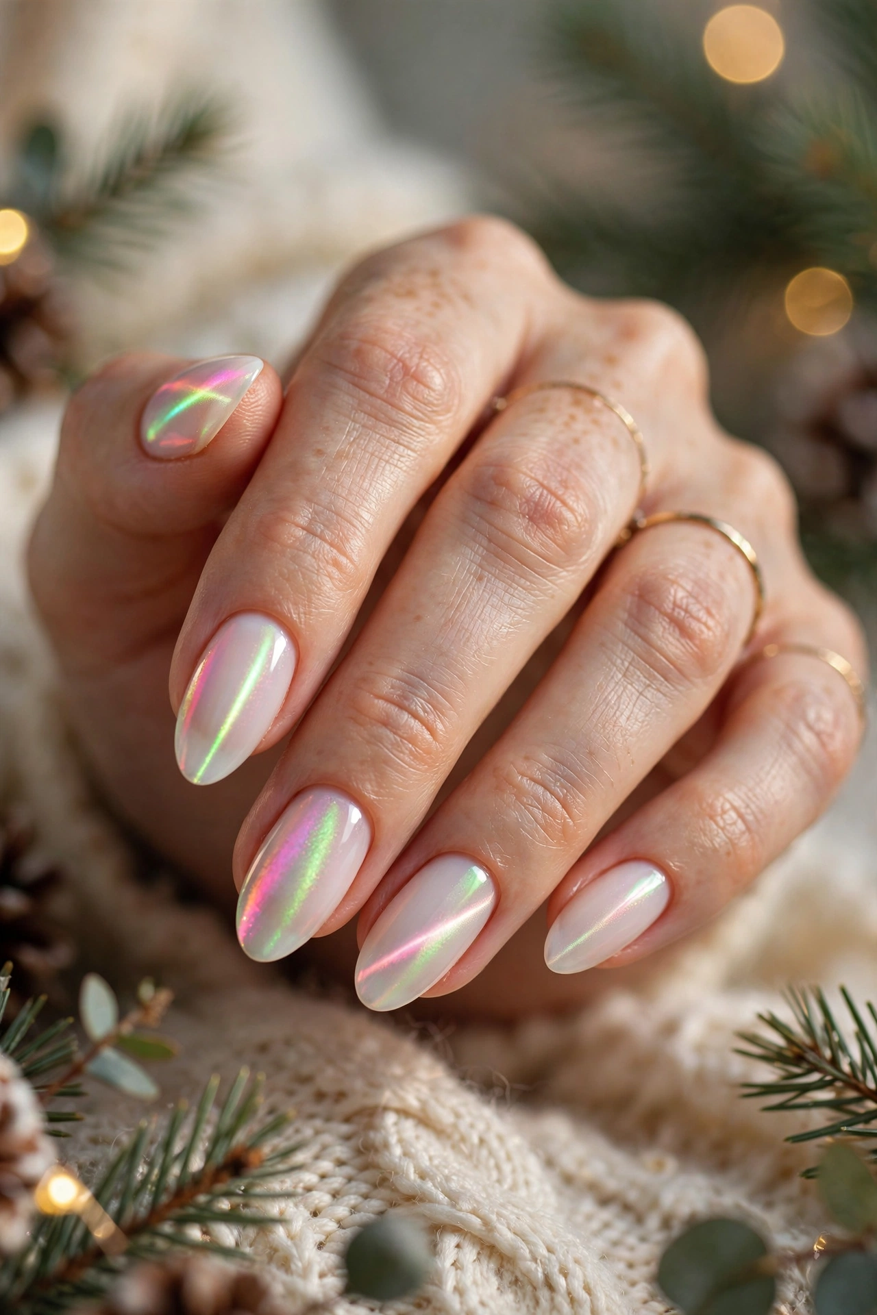Opalescent pearl holographic Christmas cat-eye nails