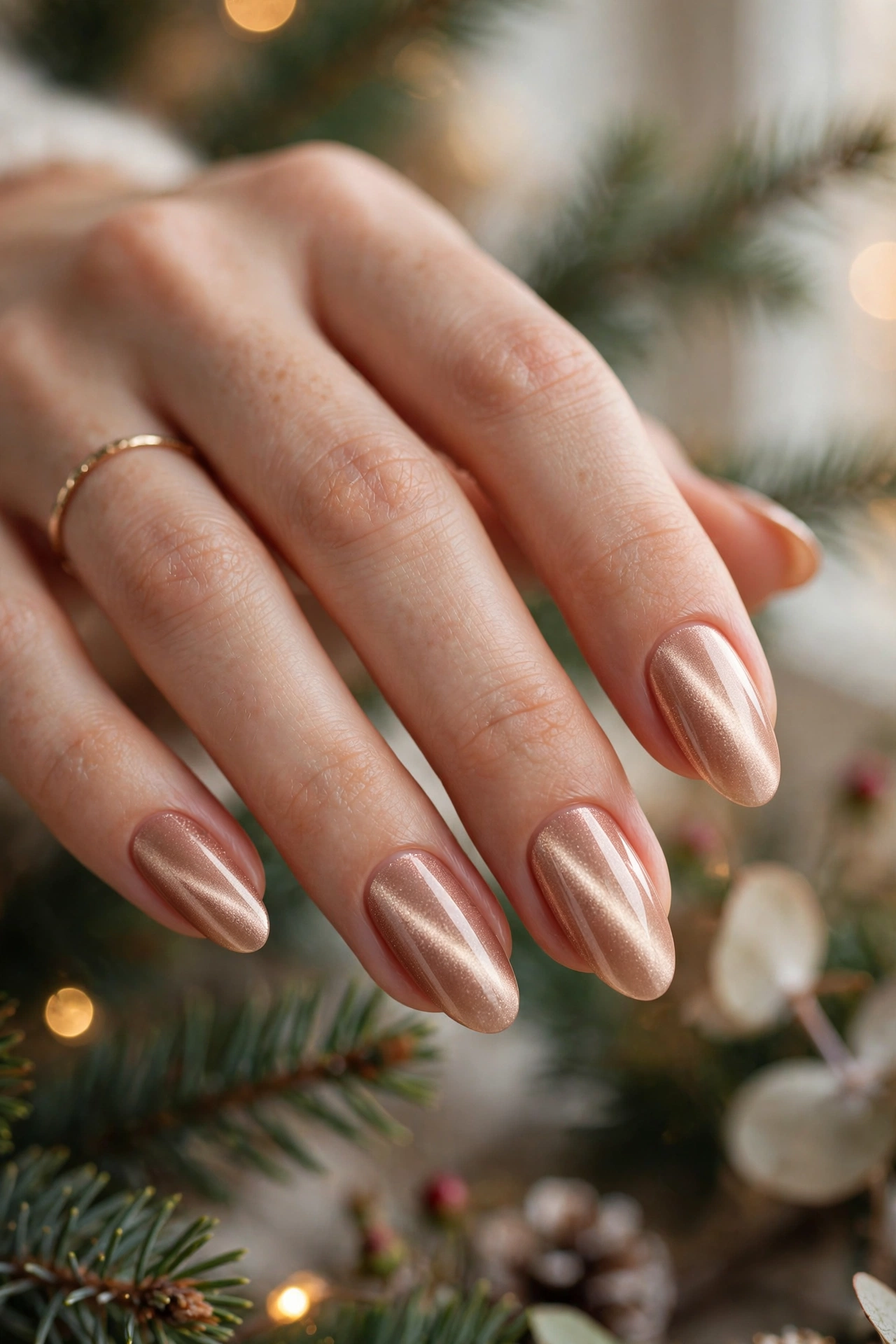 Rose gold champagne magnetic Christmas cat-eye nails