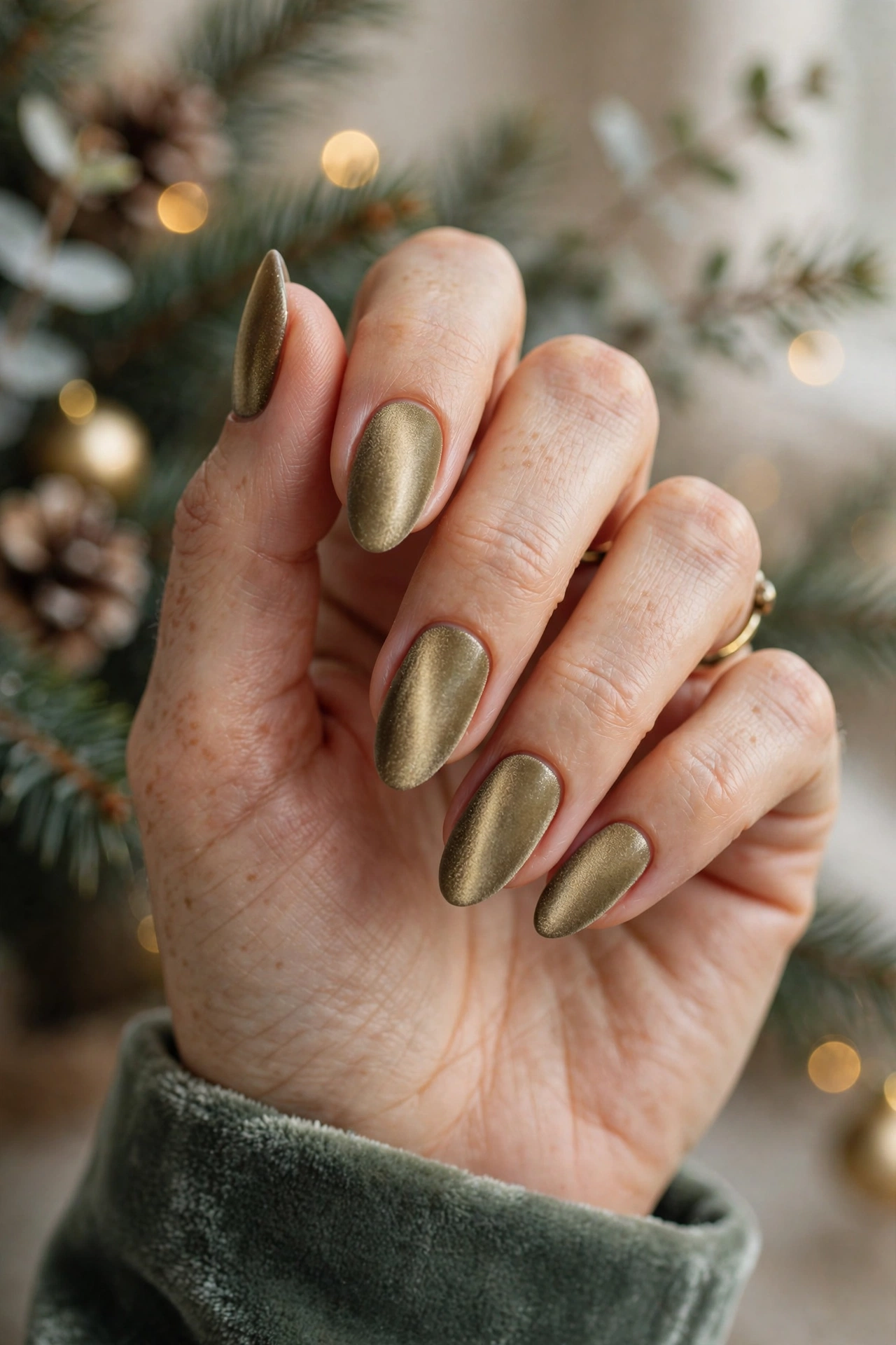 Antique gold velvet Christmas cat-eye nails