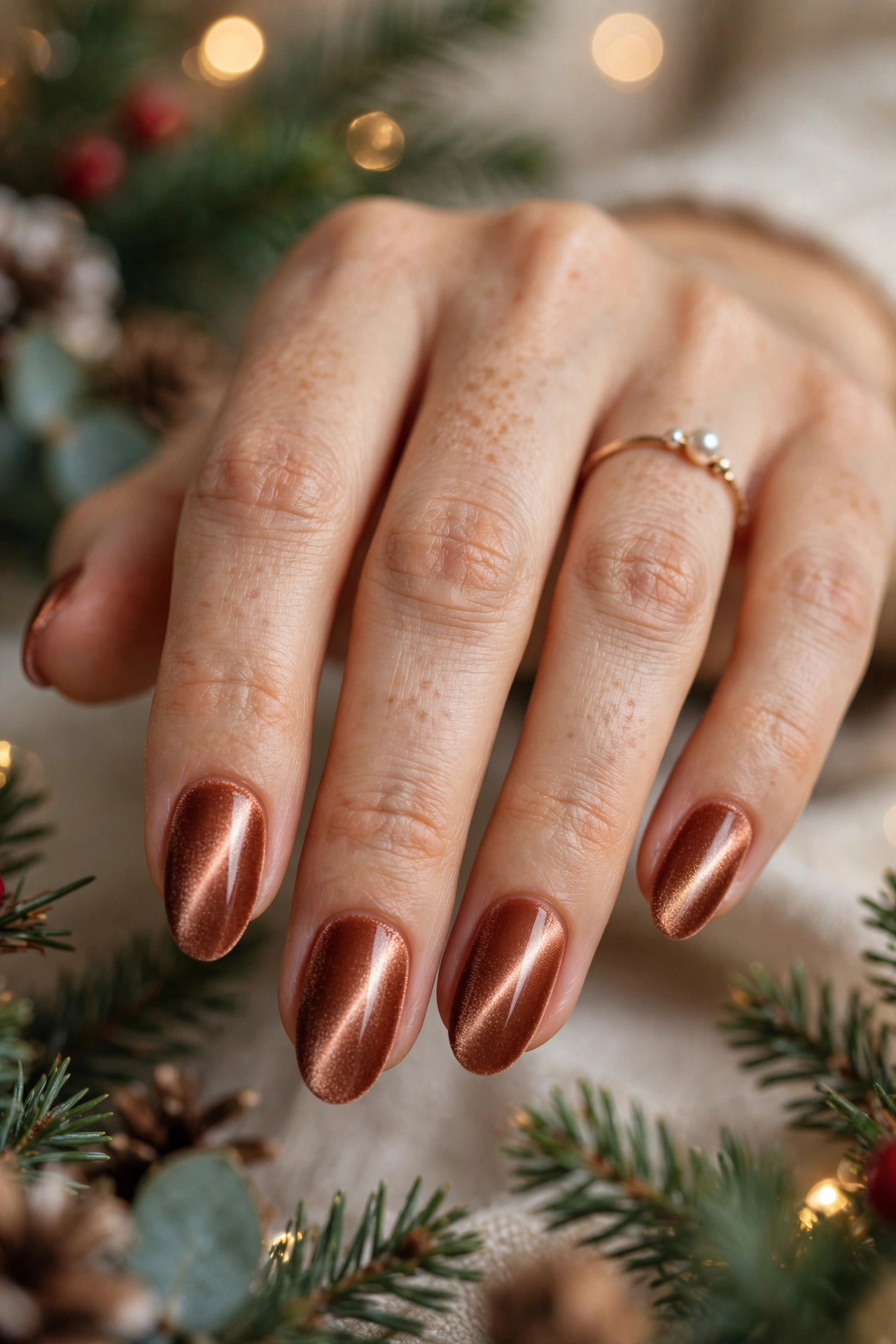 Copper velvet magnetic Christmas cat-eye nails