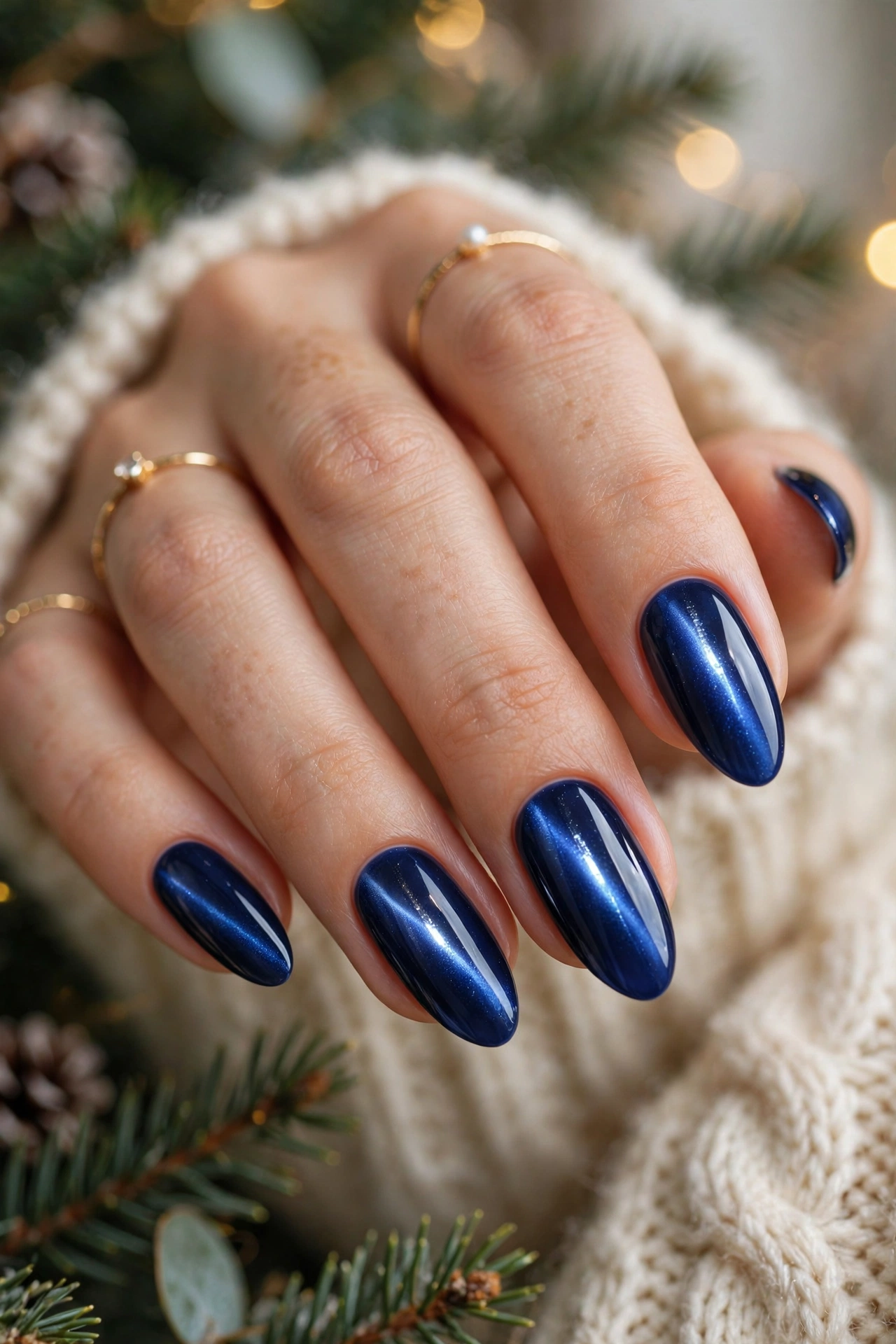 Sapphire blue magnetic Christmas cat-eye nails with gemstone stripe