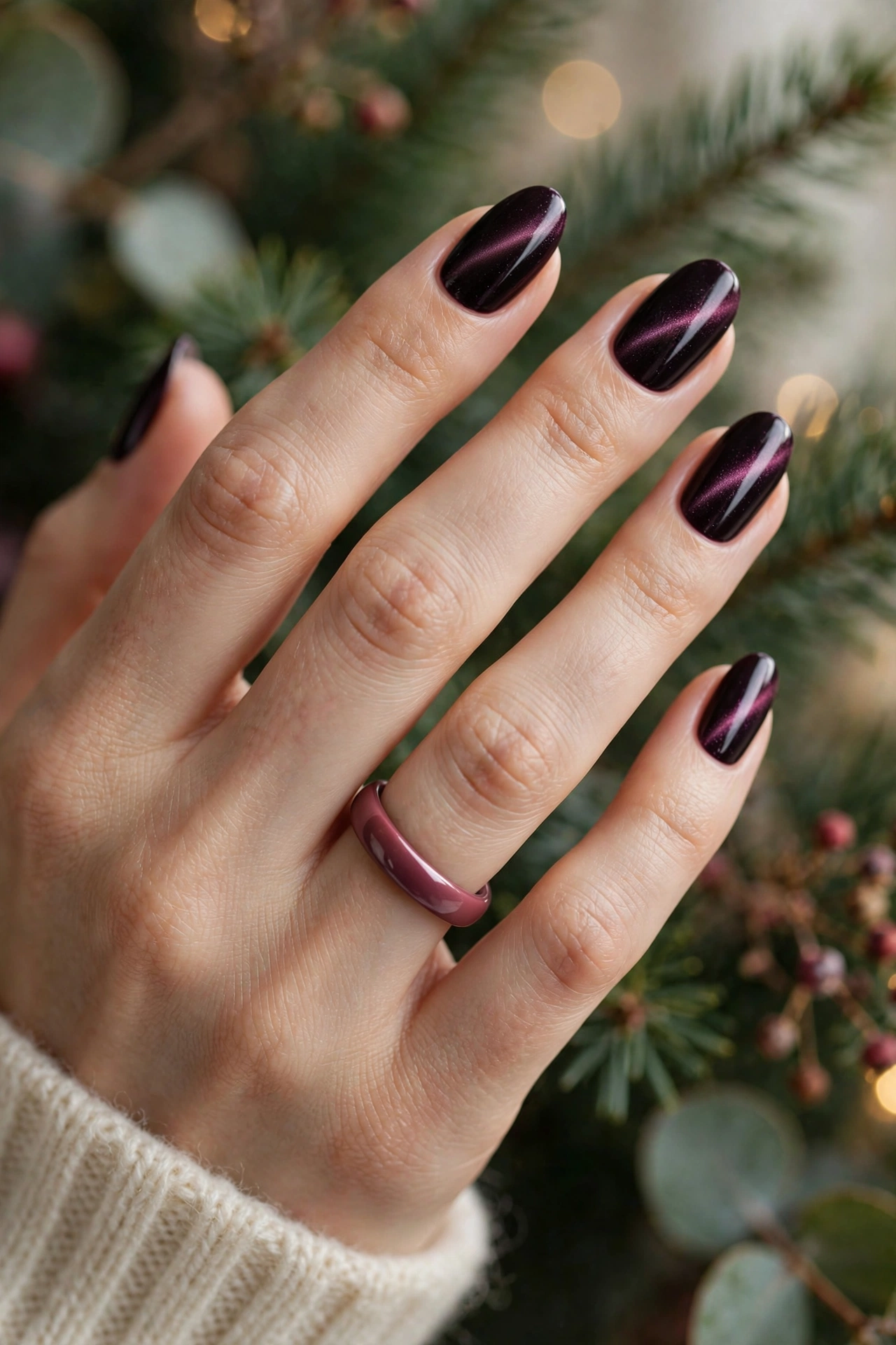Plum noir magnetic Christmas cat-eye nails with berry band