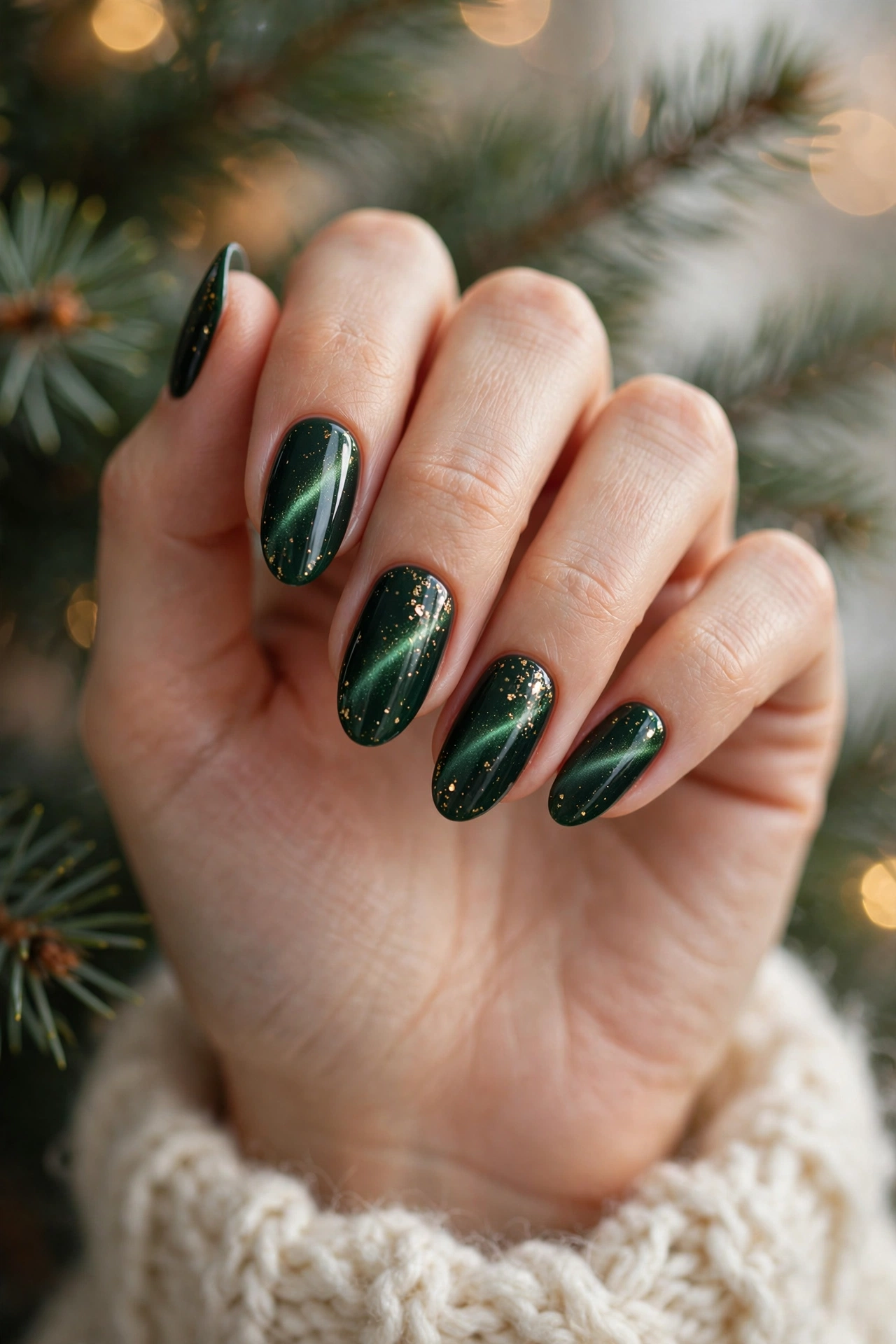 Forest green Christmas cat-eye nails with gold glitter flecks