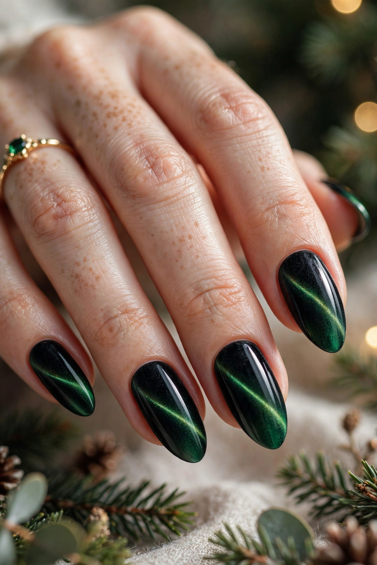 Black to emerald ombre crushed velvet Christmas cat-eye nails