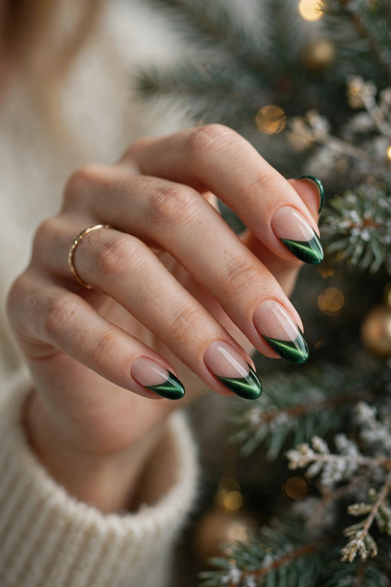 Cat-eye French tip Christmas nails with emerald magnetic tips