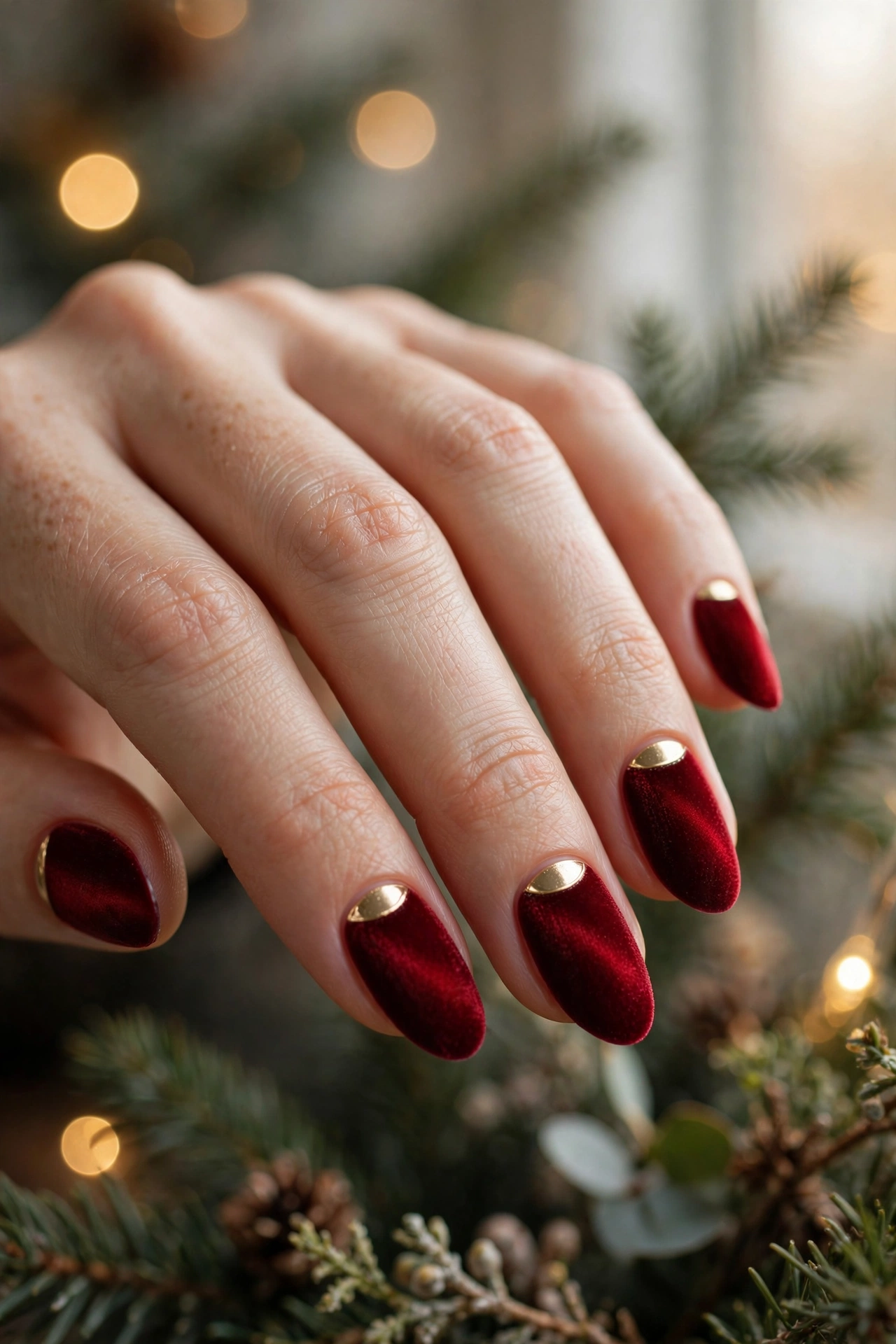 Velvet half-moon Christmas cat-eye nails in red with gold moons