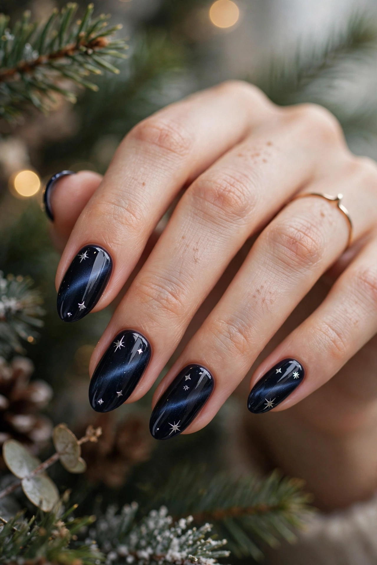 Starlight navy Christmas cat-eye nails with silver stars
