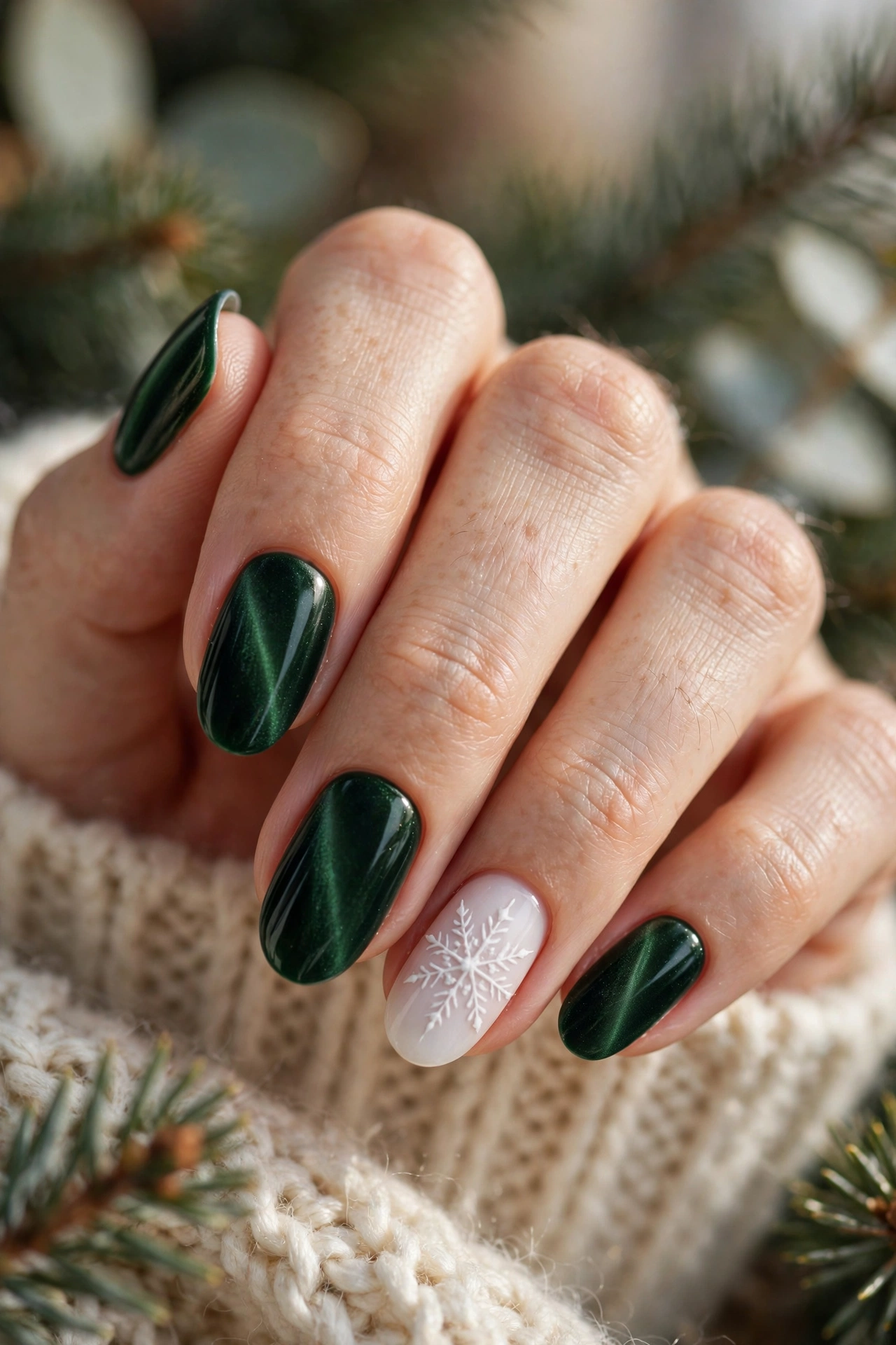 Deep green velvet Christmas cat-eye nails with white snowflake accent