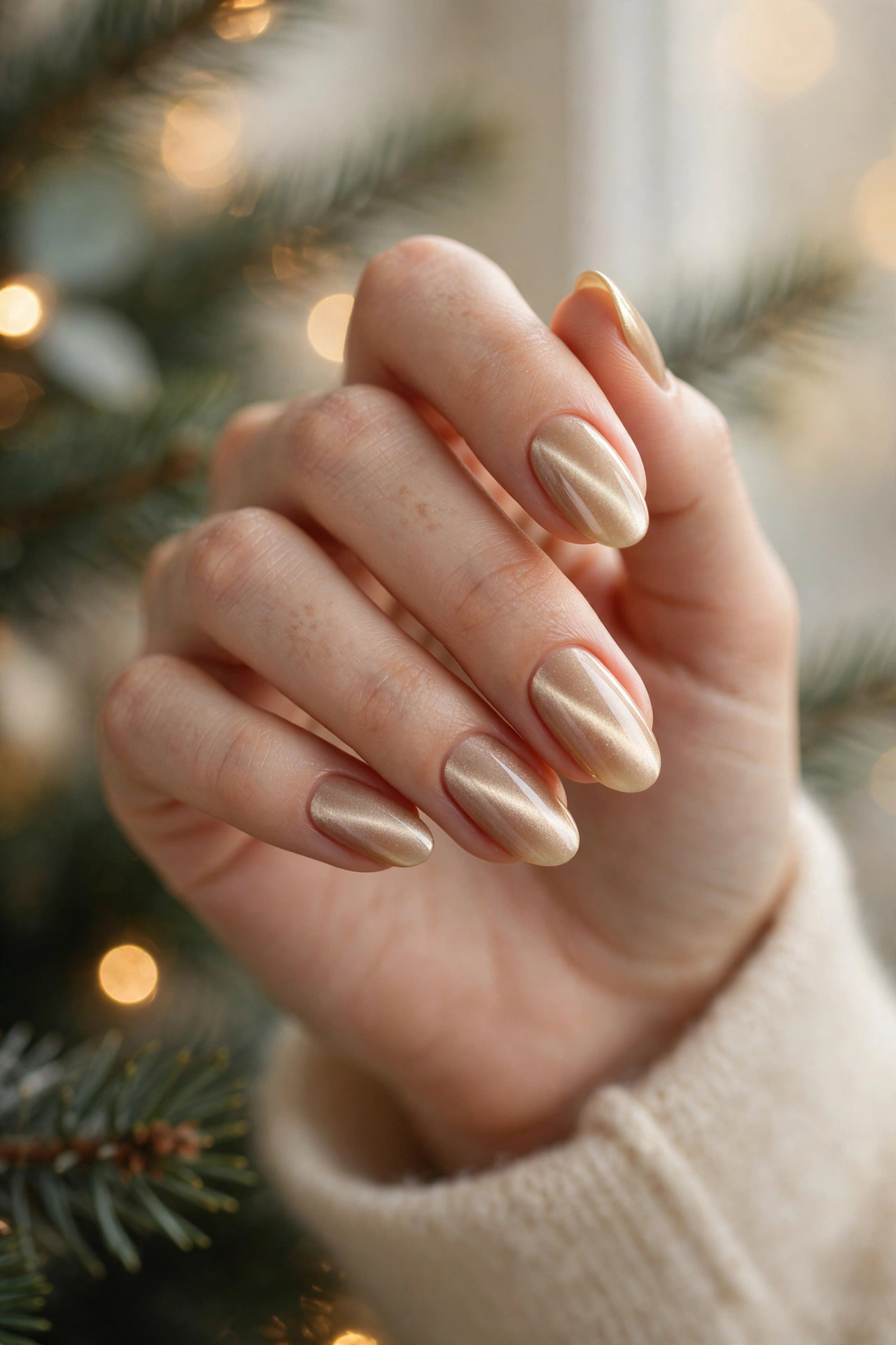 Champagne gold magnetic Christmas cat-eye nails