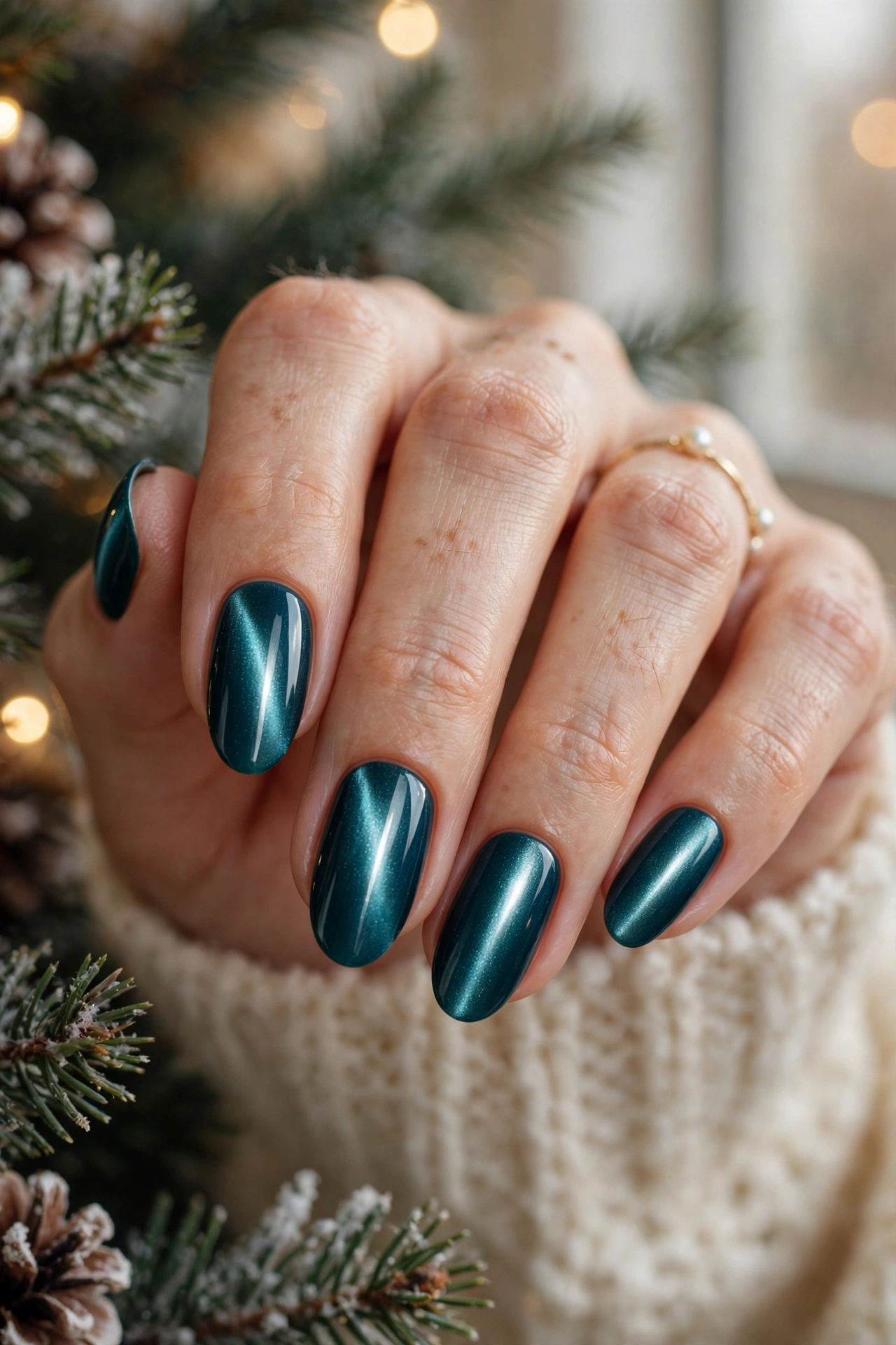 Deep teal magnetic Christmas cat-eye nails