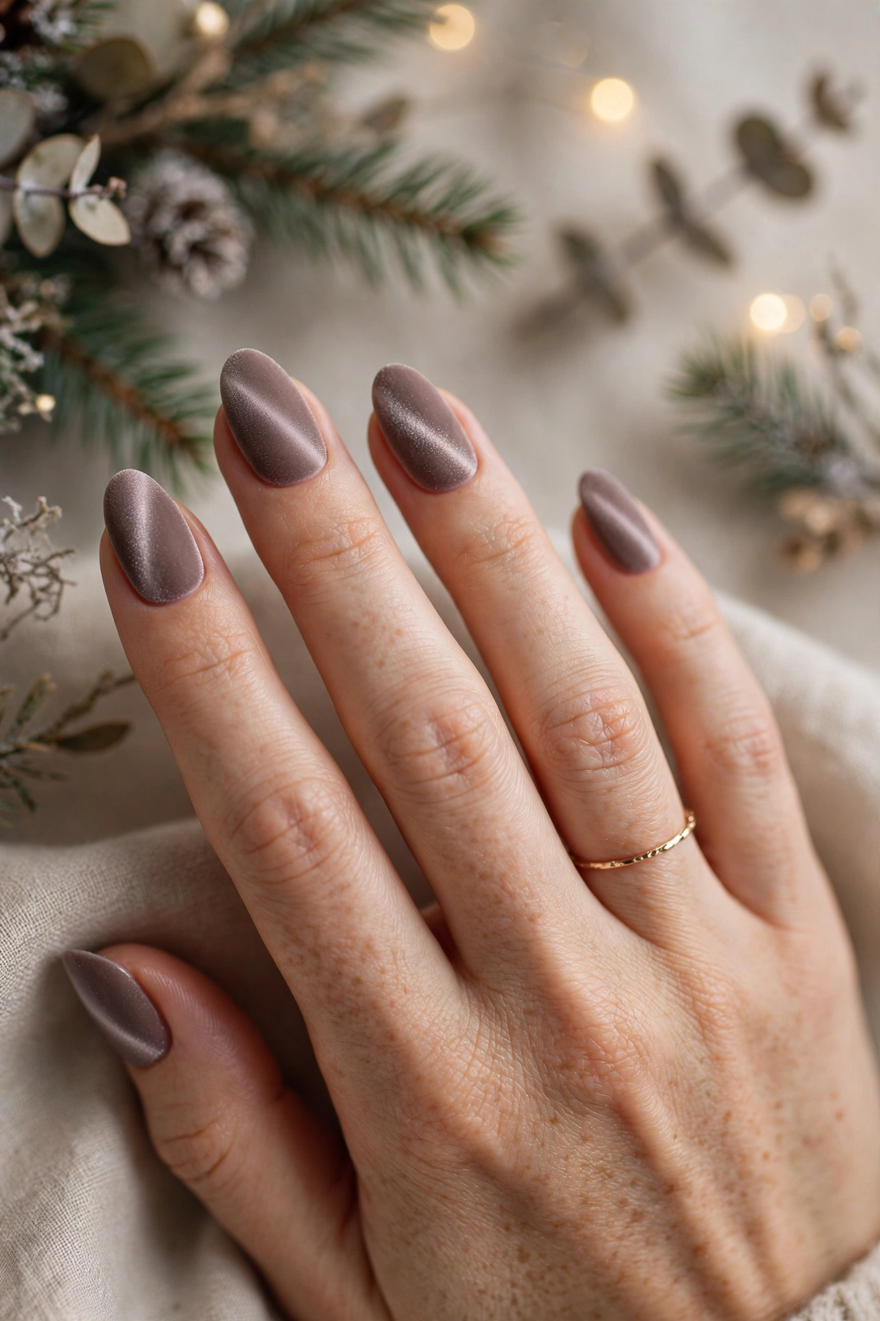 Mauve taupe neutral velvet Christmas cat-eye nails