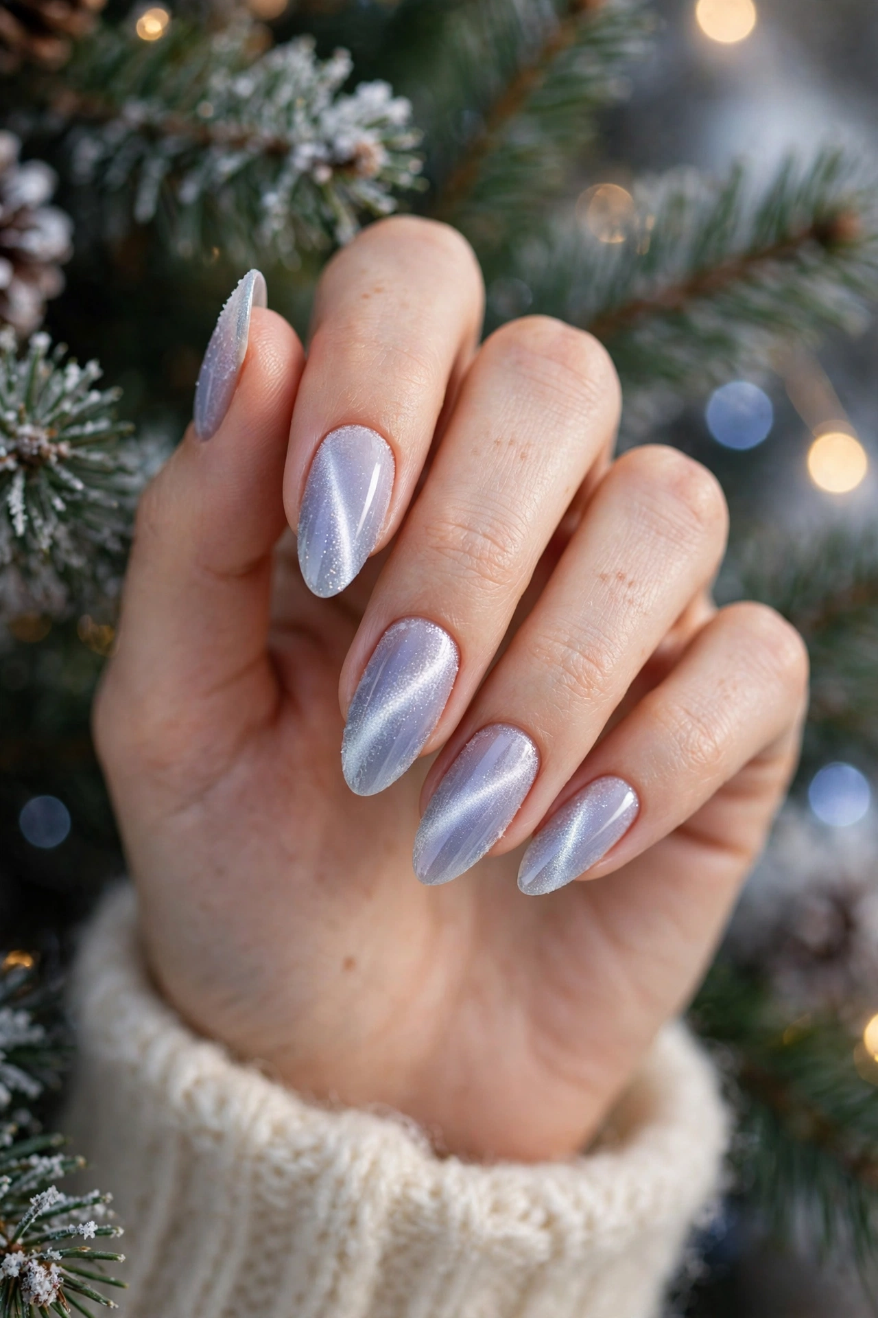 Icy lilac frost magnetic Christmas cat-eye nails