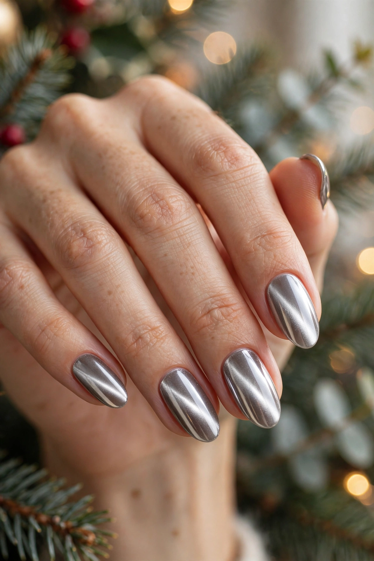 Mirror silver chrome Christmas cat-eye nails