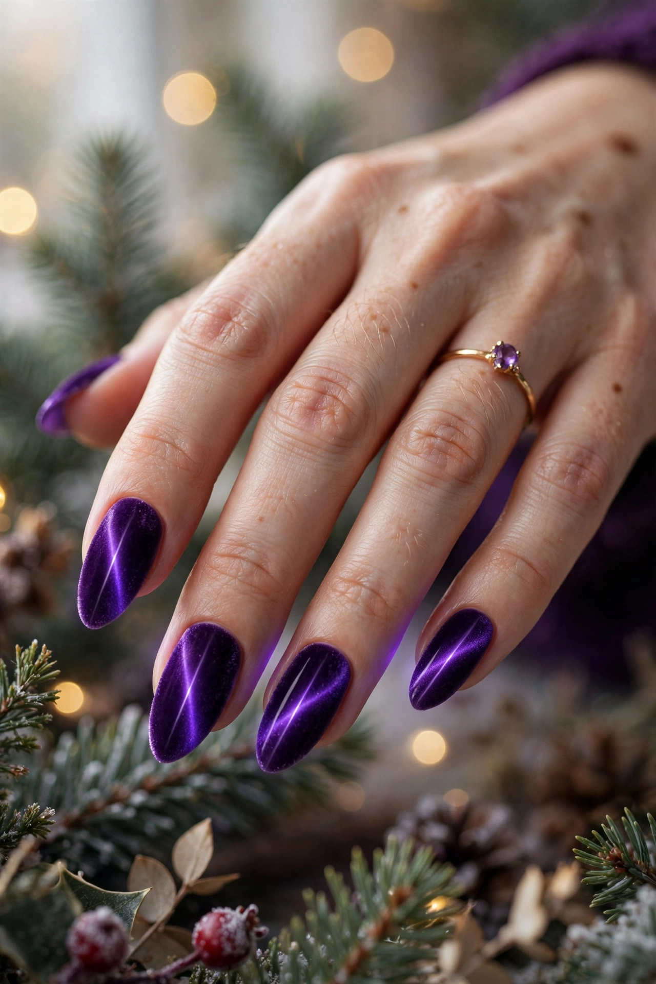 Amethyst velvet magnetic Christmas cat-eye nails
