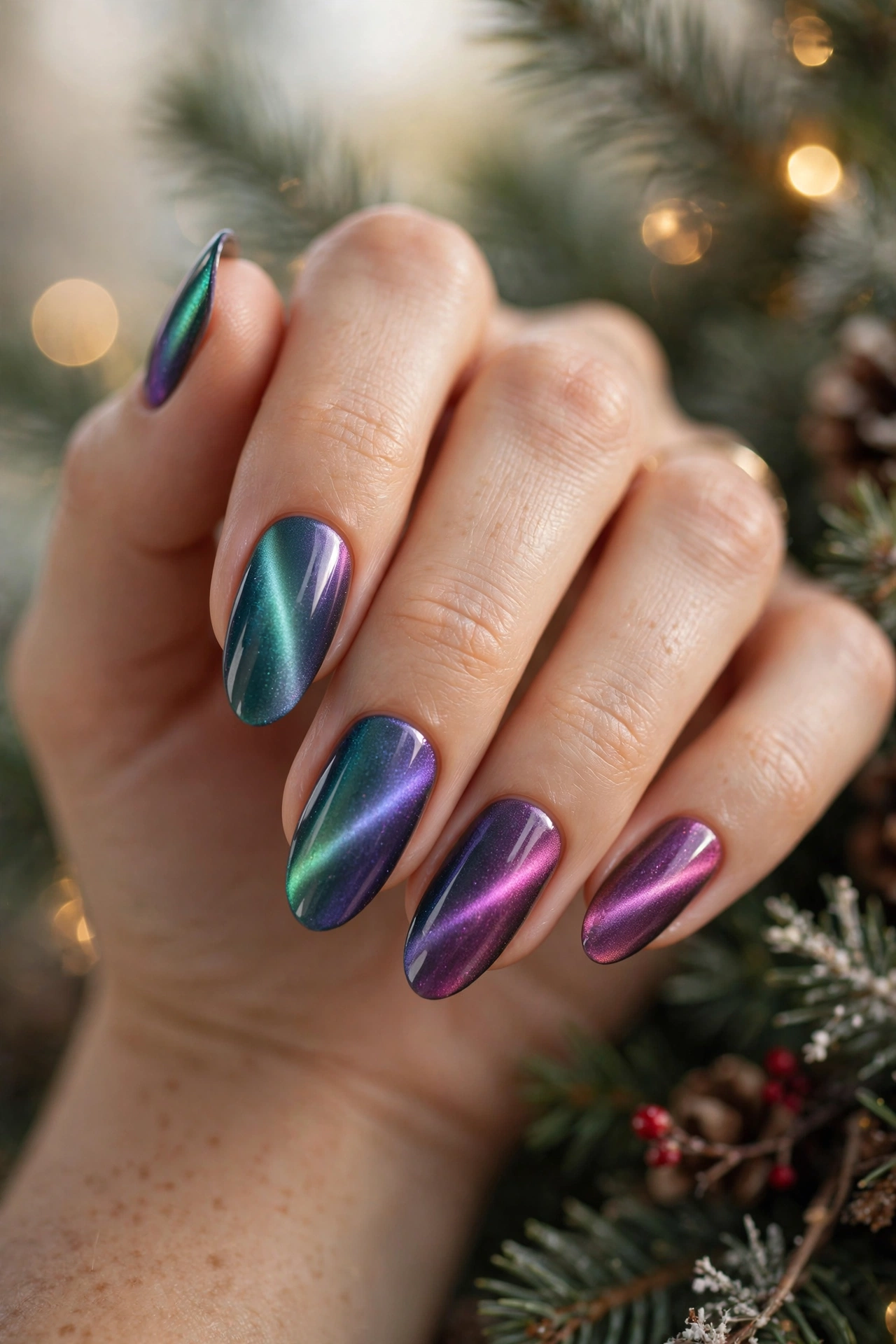 Aurora multichrome magnetic Christmas cat-eye nails