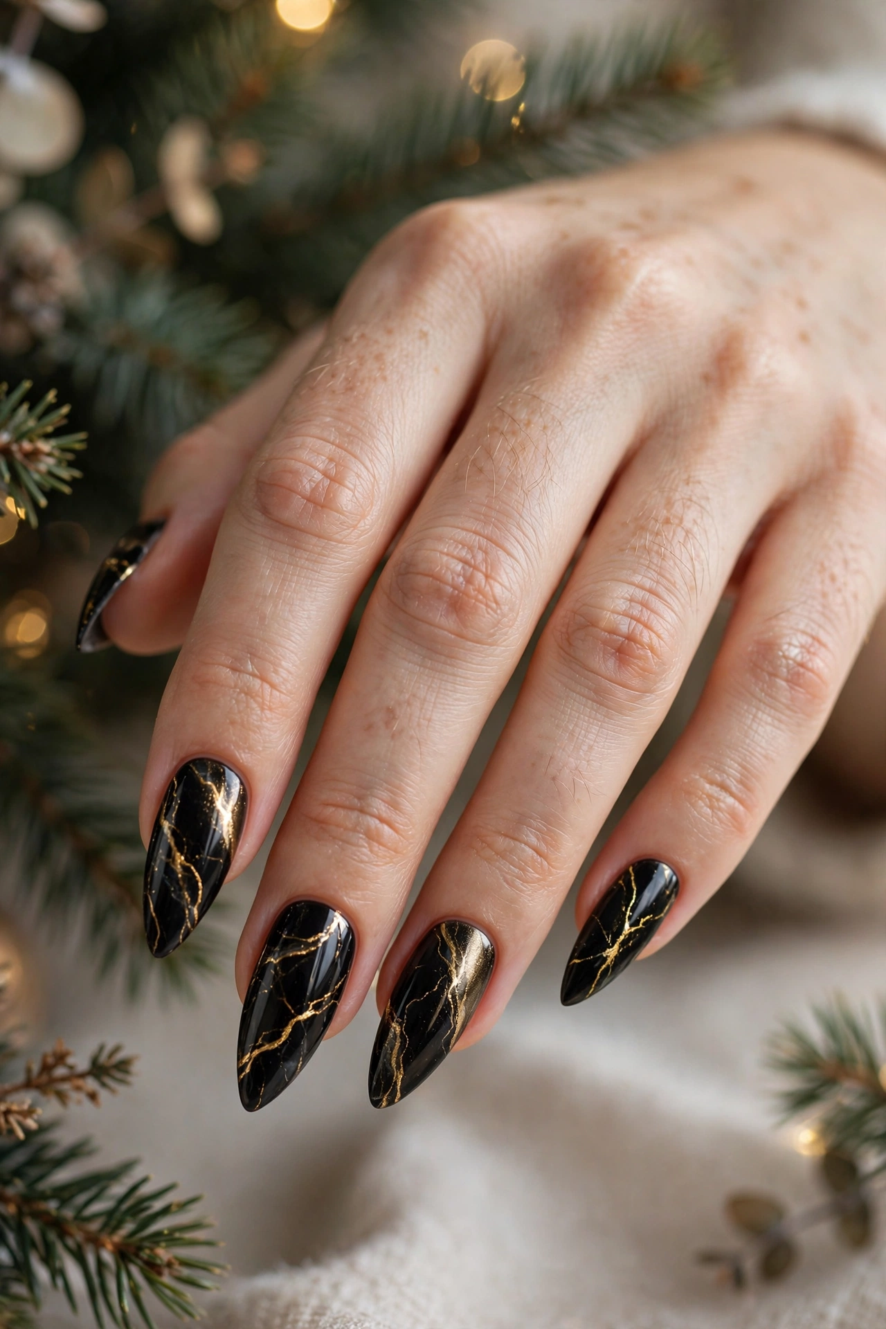 Gold-veined black marble Christmas cat-eye nails