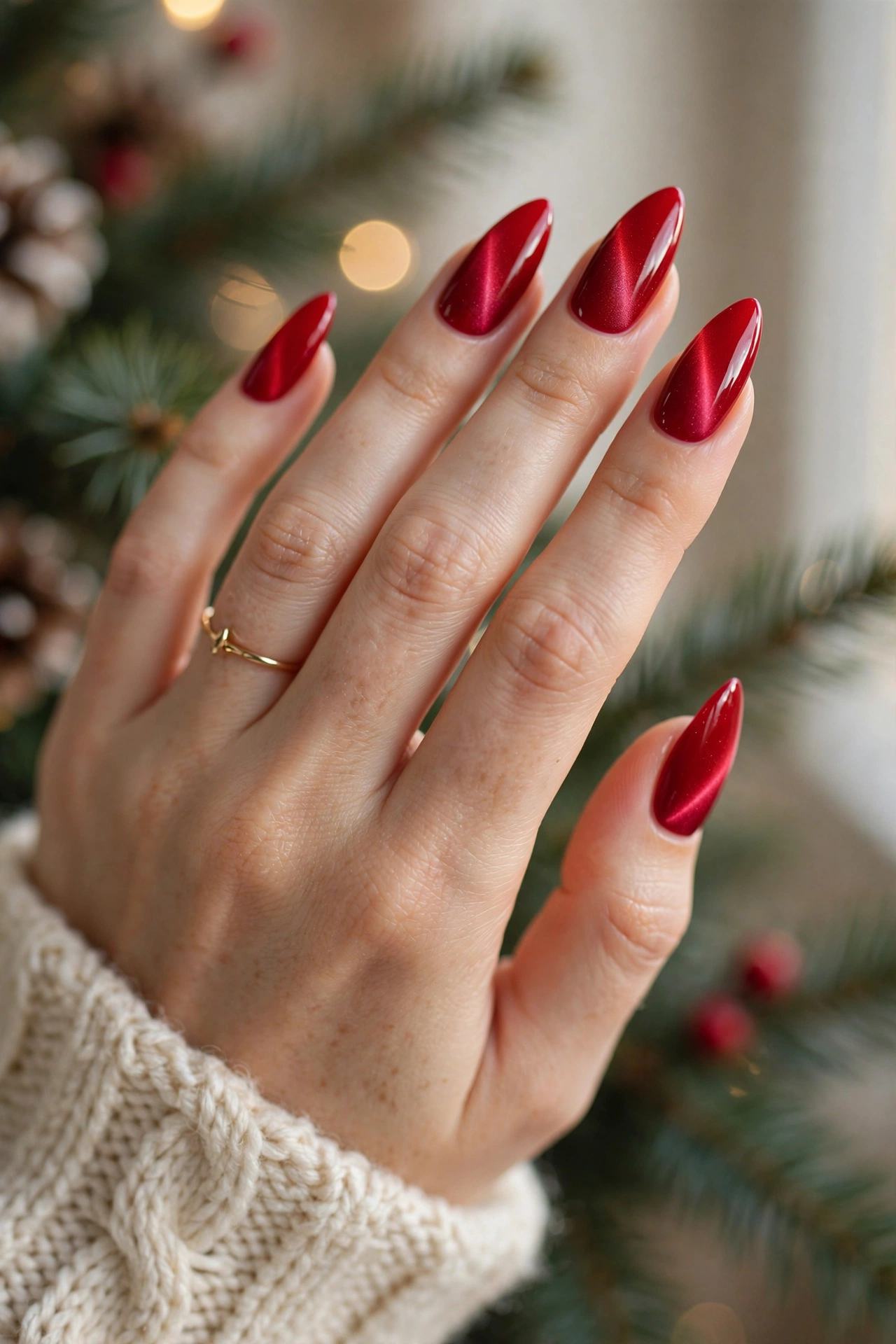 Candy-apple red glossy magnetic Christmas cat-eye nails