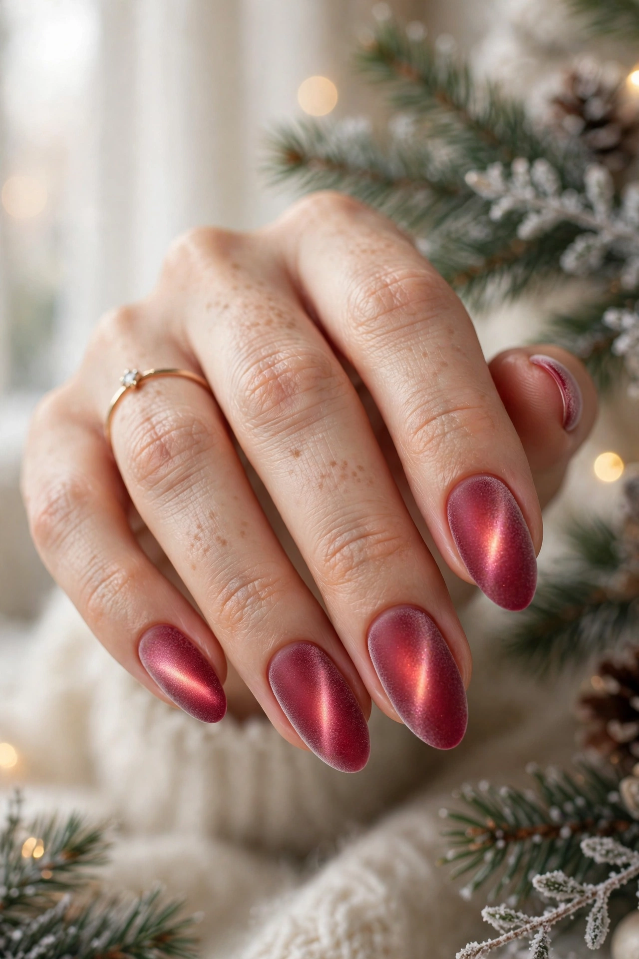 Frosted cranberry magnetic Christmas cat-eye nails