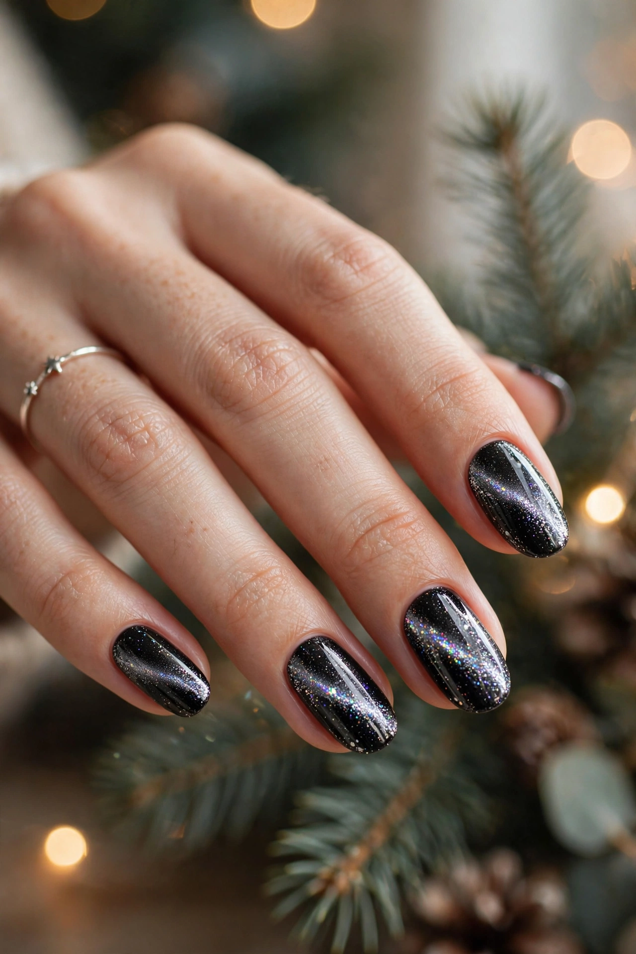 Midnight tinsel black silver glitter Christmas cat-eye nails