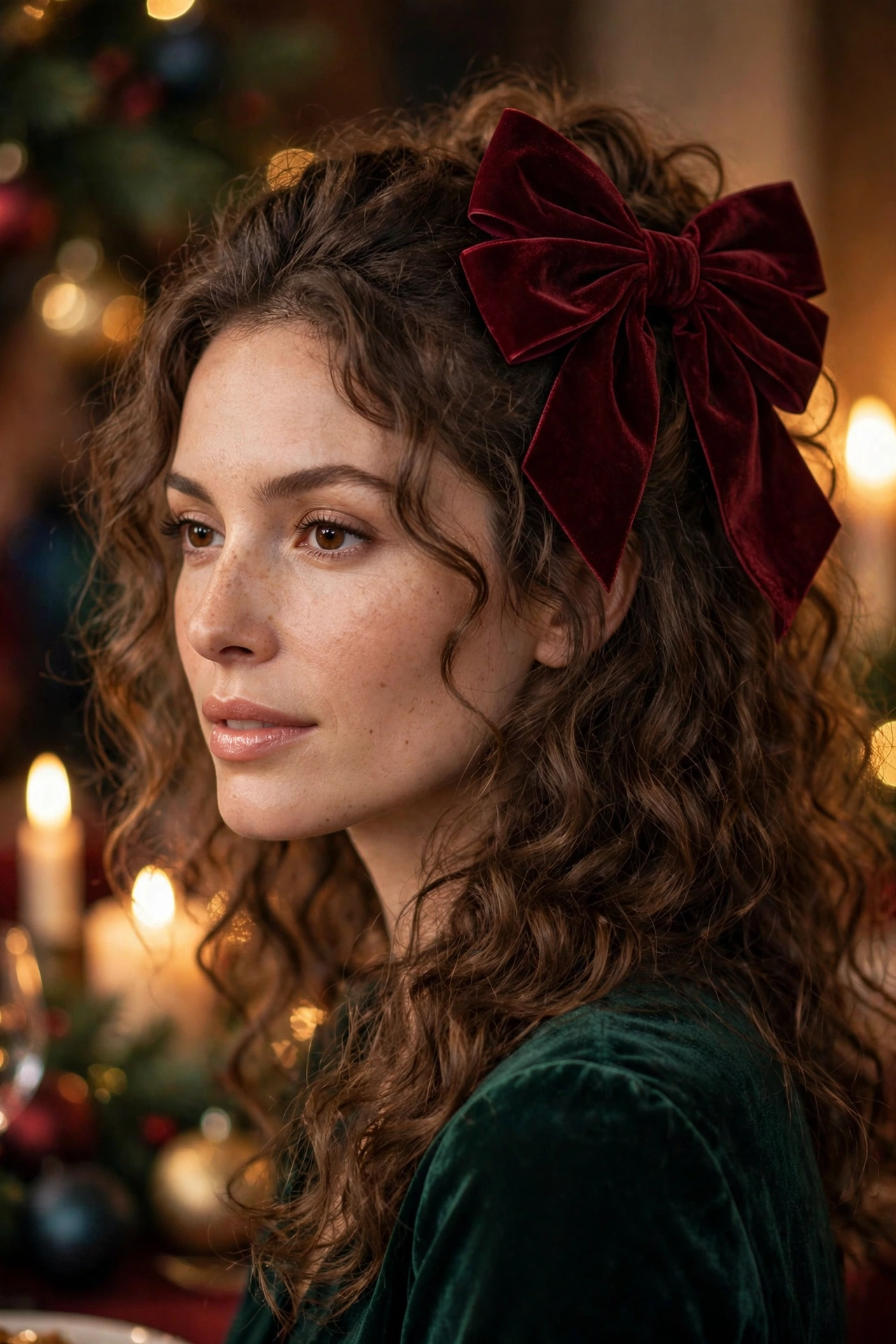 Christmas hairstyle half-up with bouncy curls and oversized burgundy velvet bow
