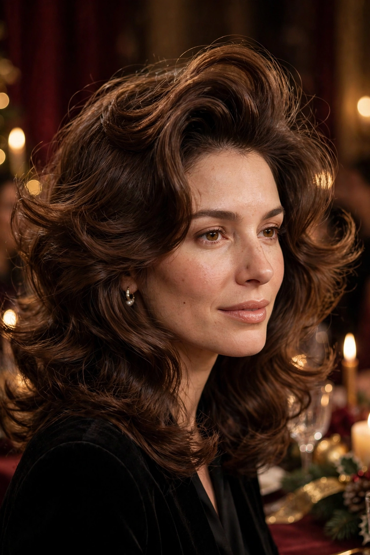 Bouncy old-money Christmas blowout hairstyle with voluminous layers and glossy finish