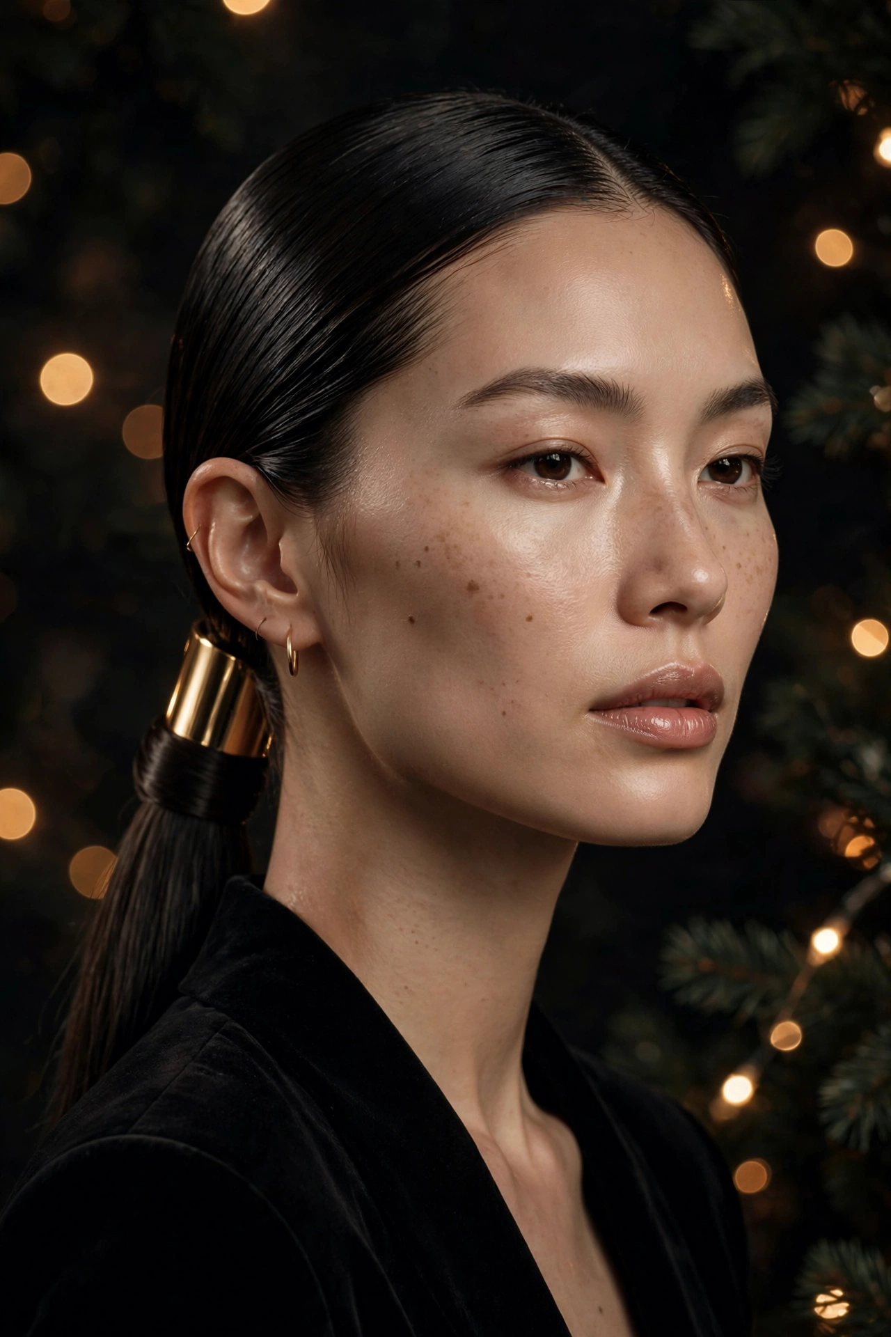 Sleek glass-hair low Christmas ponytail with gold cuff accessory