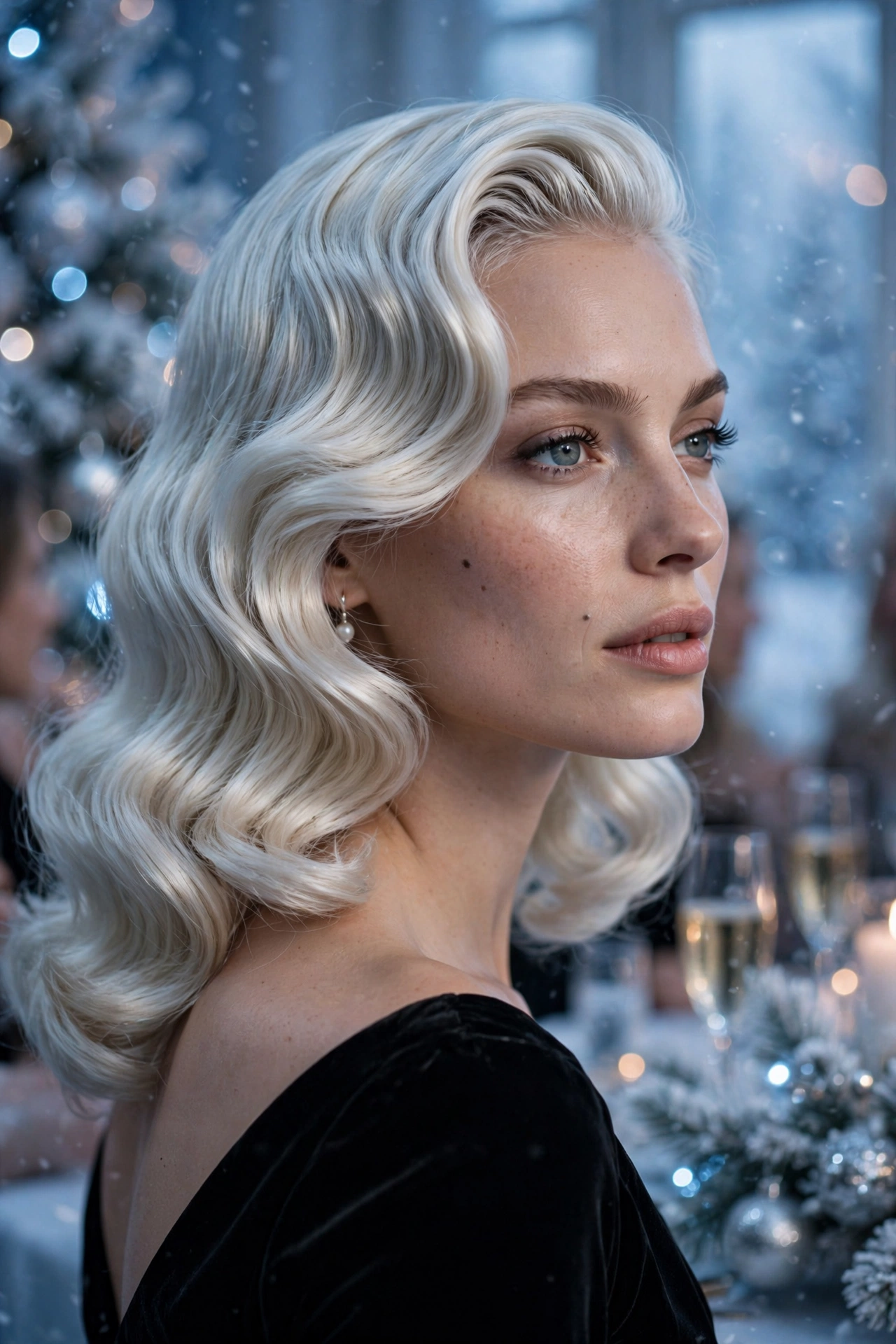 Icy blonde Hollywood waves Christmas hairstyle with frosted shine