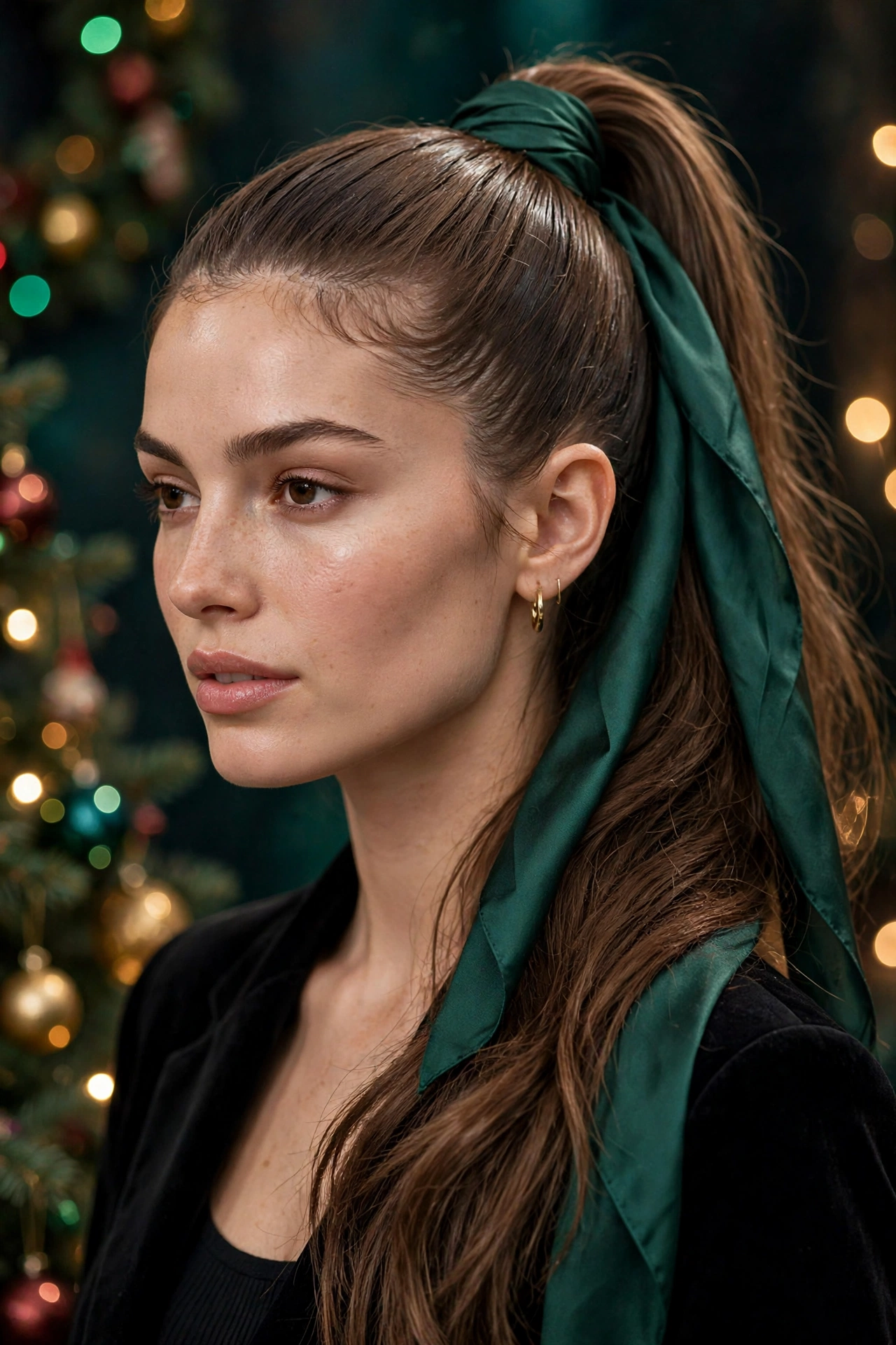 High Christmas ponytail wrapped with emerald green silk scarf