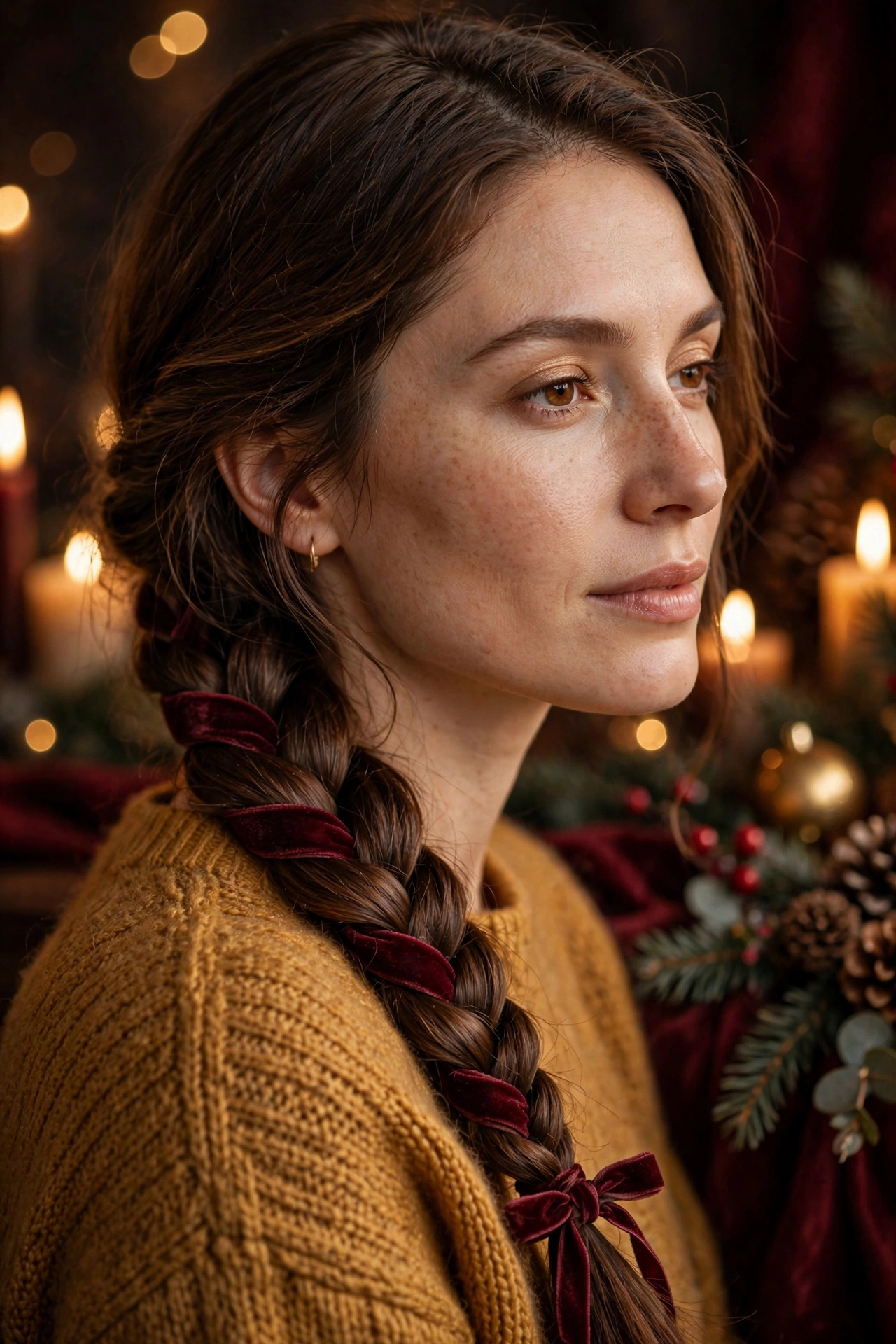Long braid with burgundy velvet ribbon woven through for Christmas