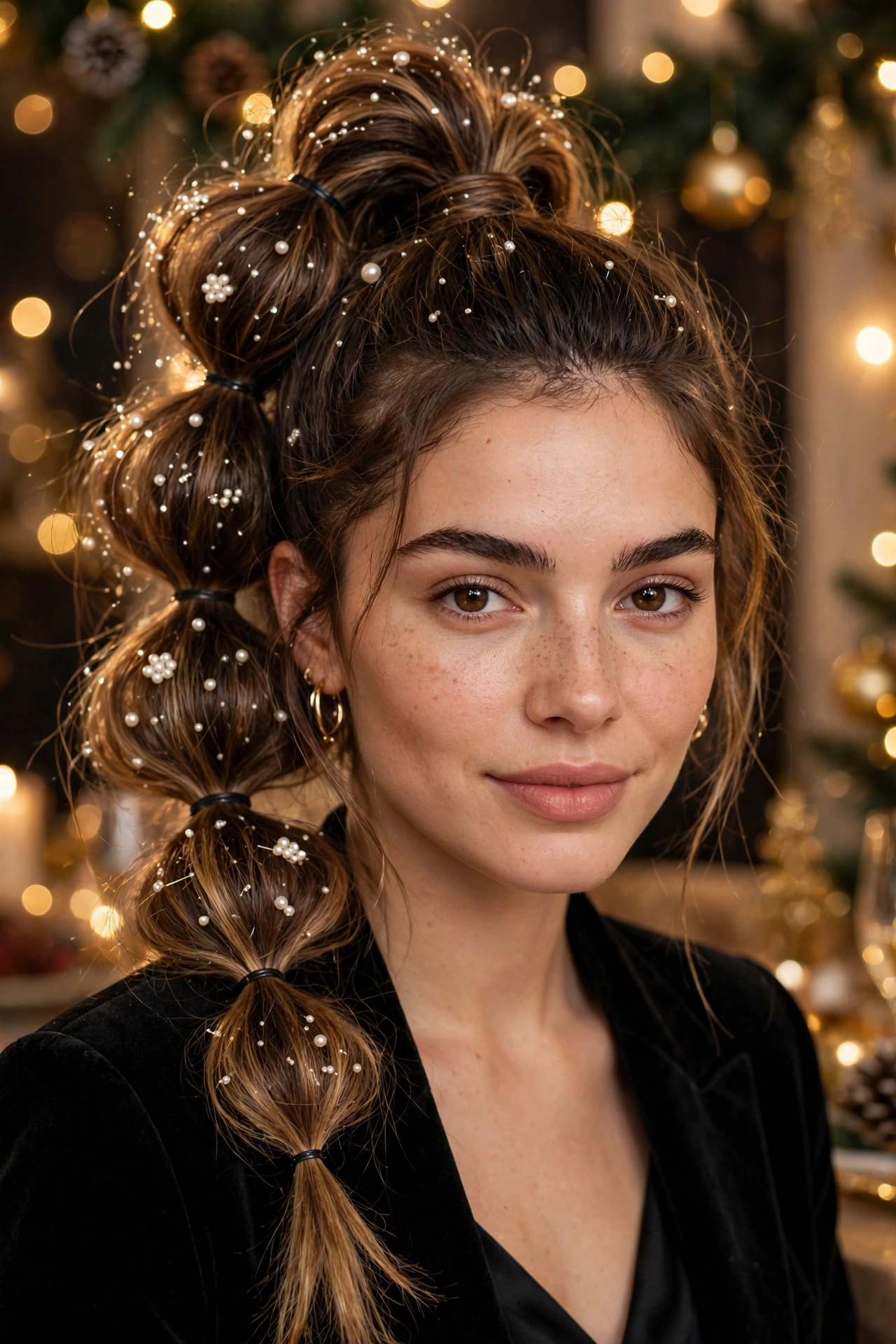 Champagne bubble Christmas ponytail decorated with pearl hair pins