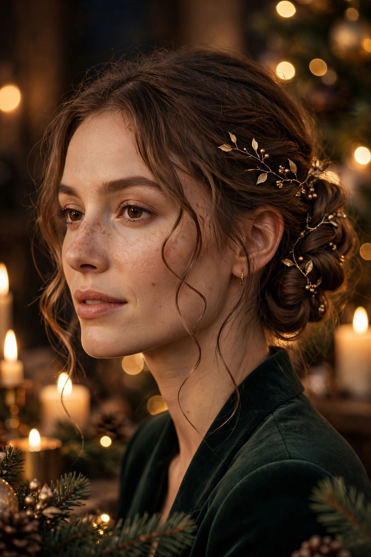 Elegant twisted Christmas chignon with delicate gold hair vine