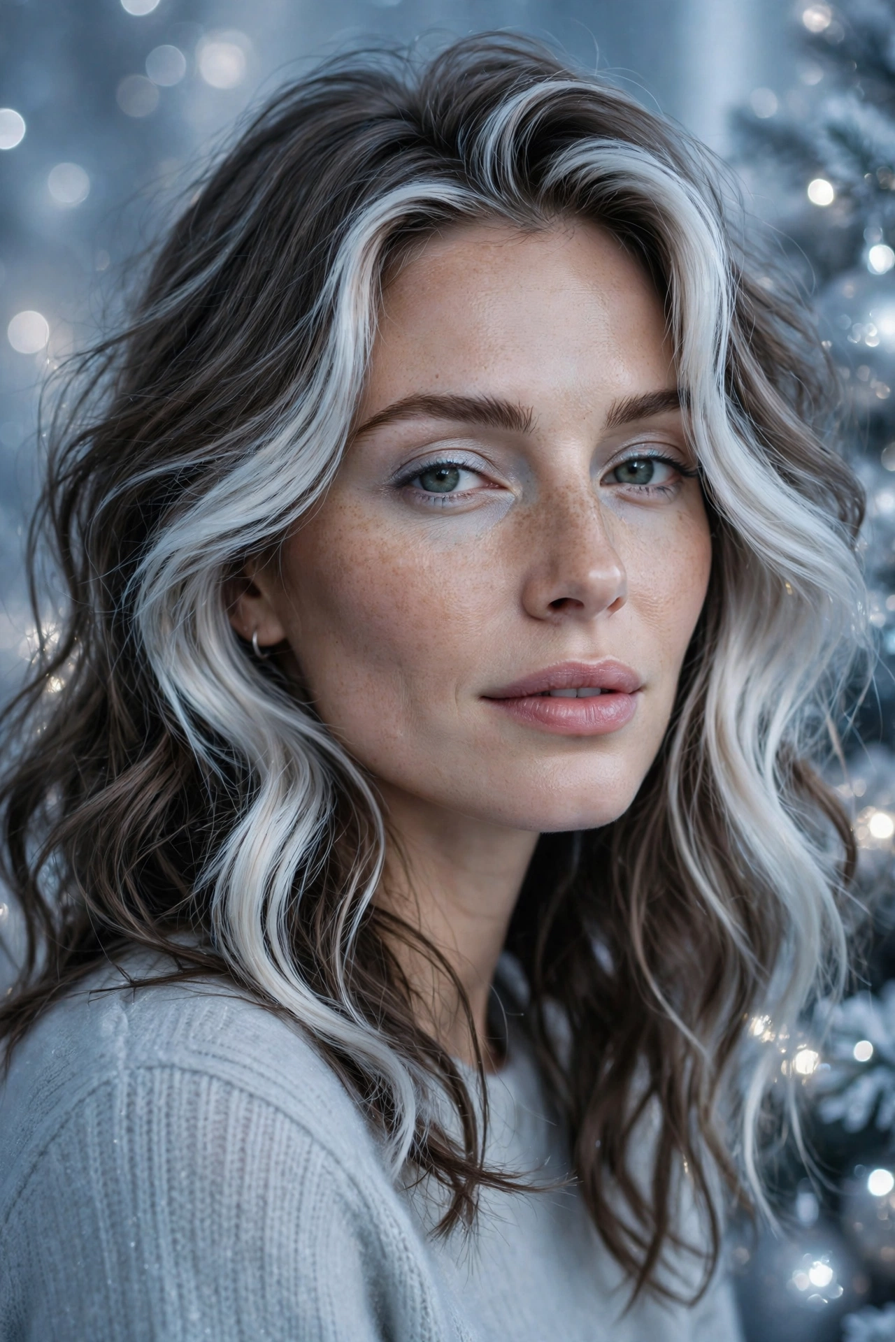 Frosted icy money-piece highlights framing face in soft Christmas waves