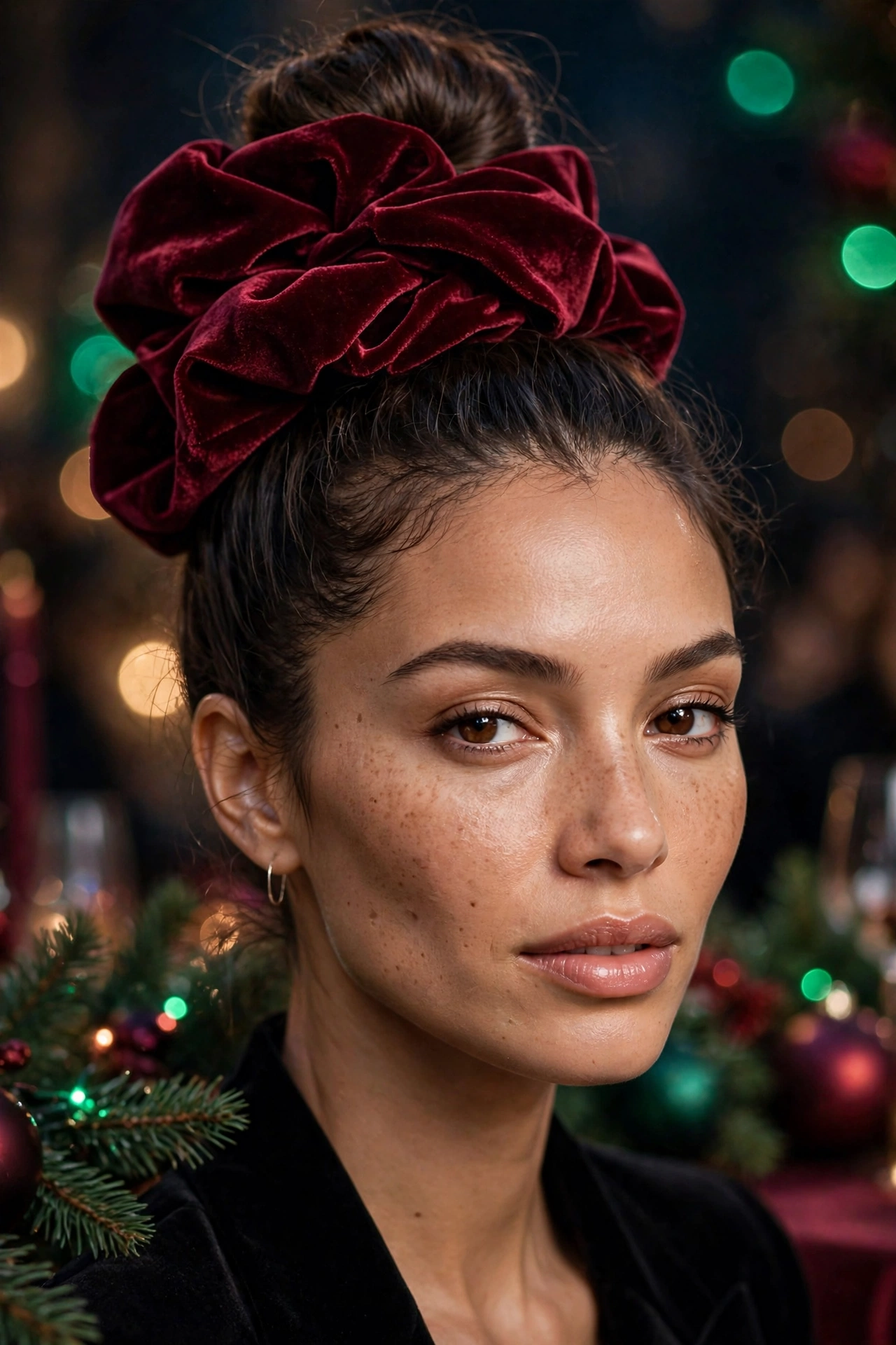 Sleek top knot Christmas hairstyle with burgundy velvet scrunchie