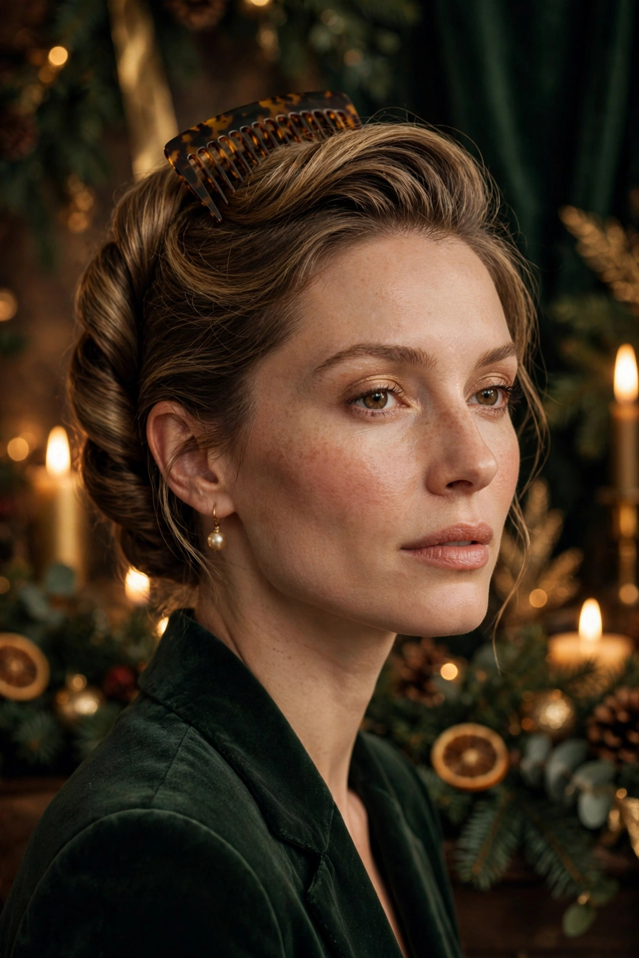 Classic French twist Christmas hairstyle with tortoiseshell hair comb