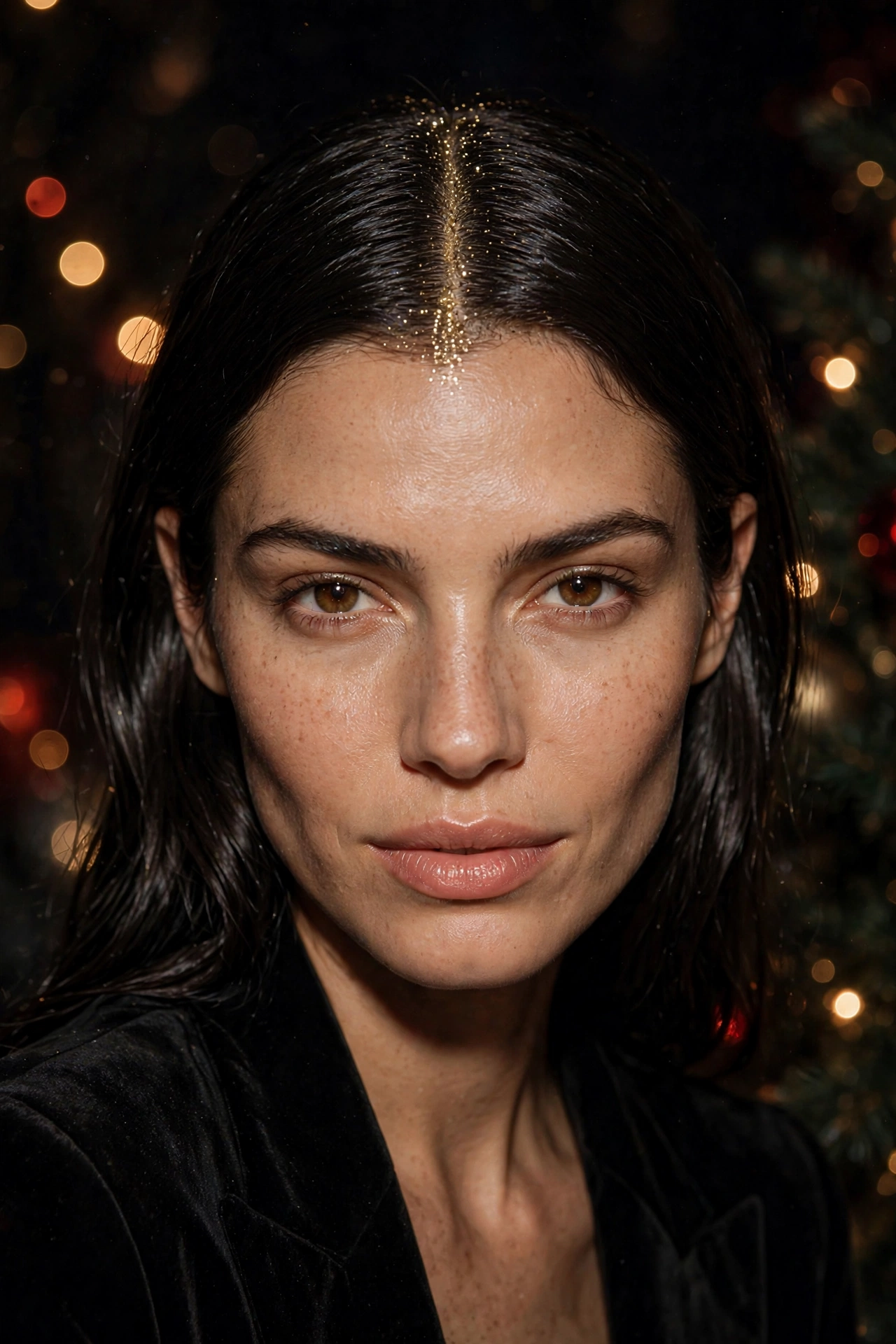 Christmas party hairstyle with glitter dusted along the hair part line