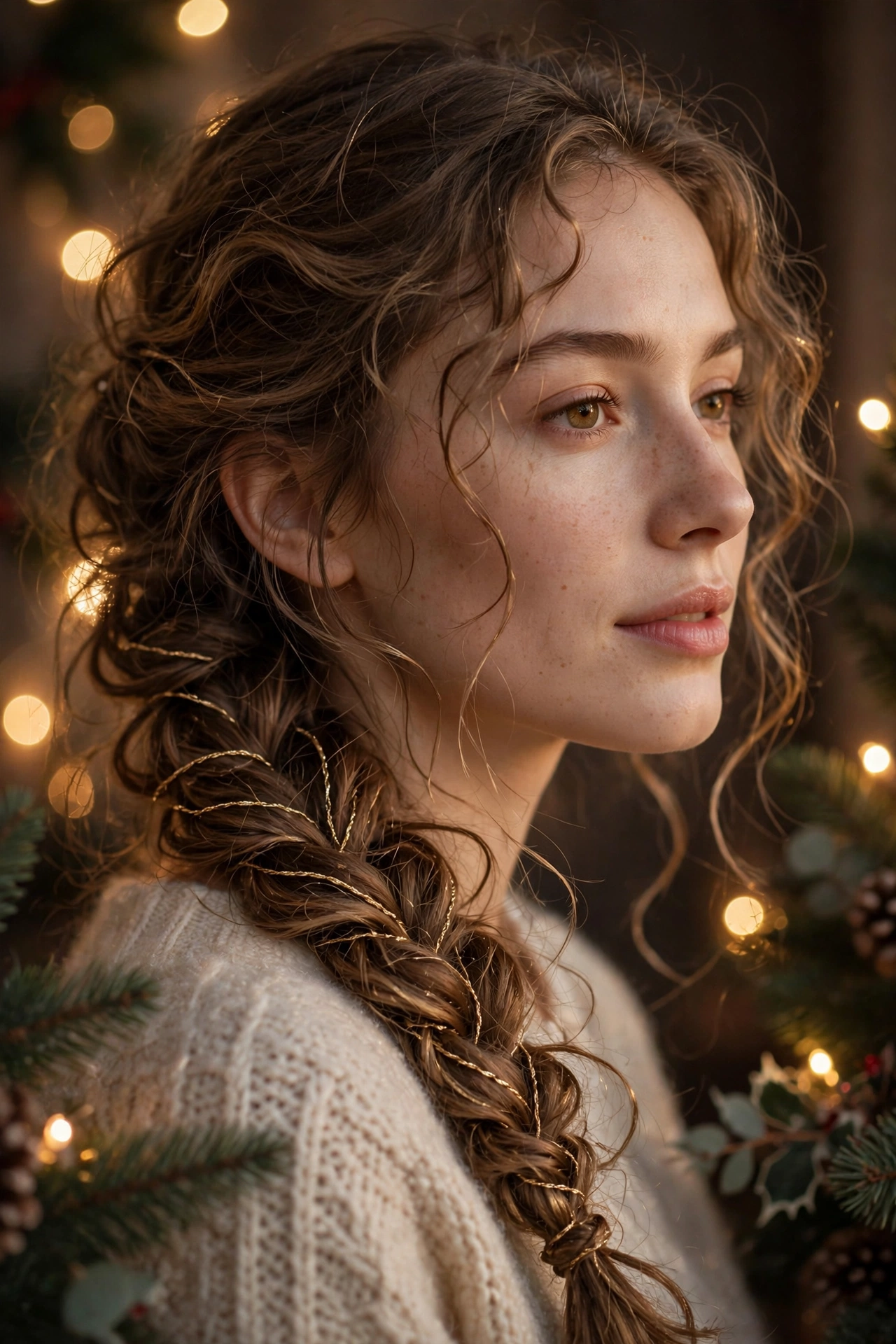 Loose romantic side braid with gold thread woven in for Christmas party