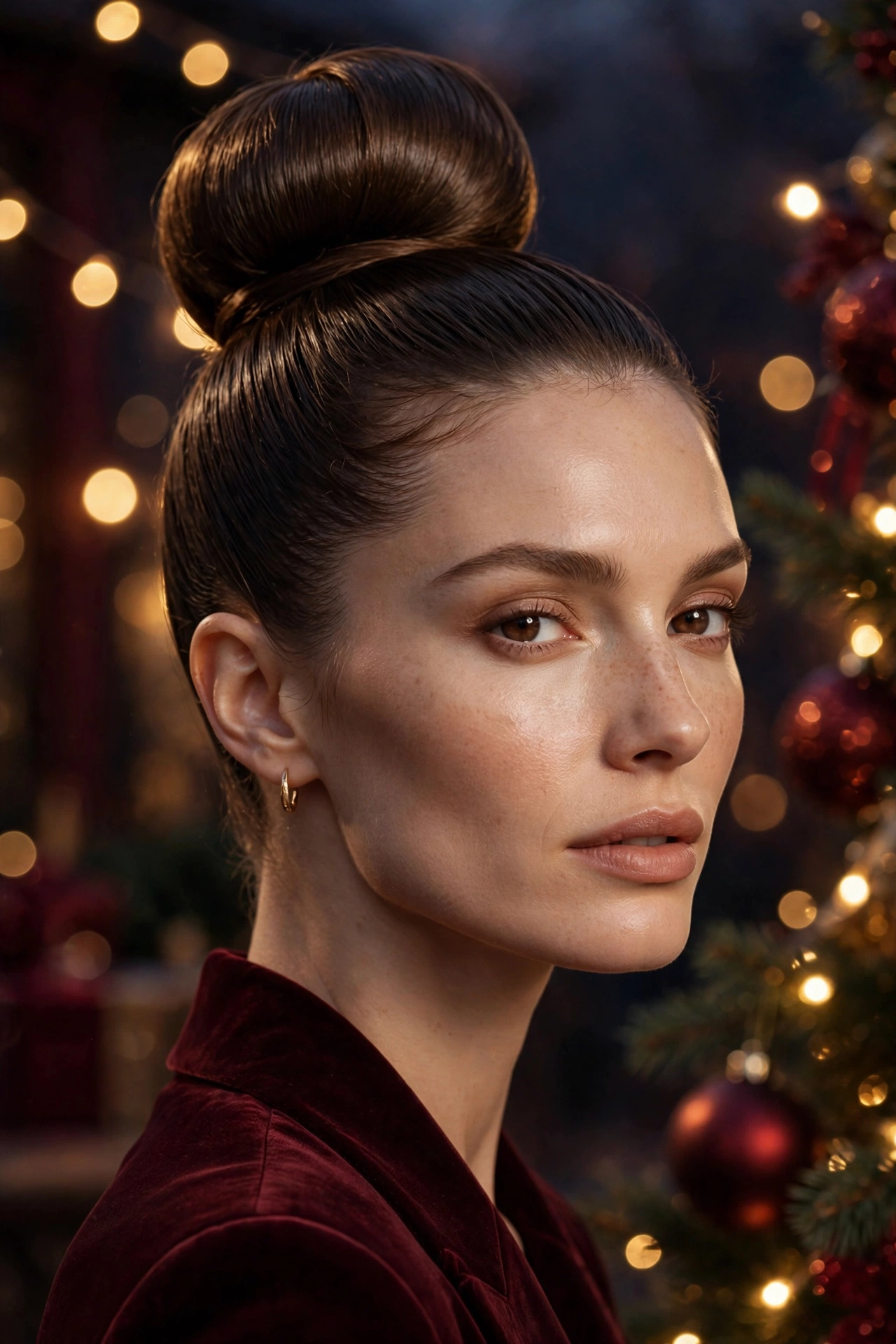 Polished high ballerina bun Christmas hairstyle with satin shine