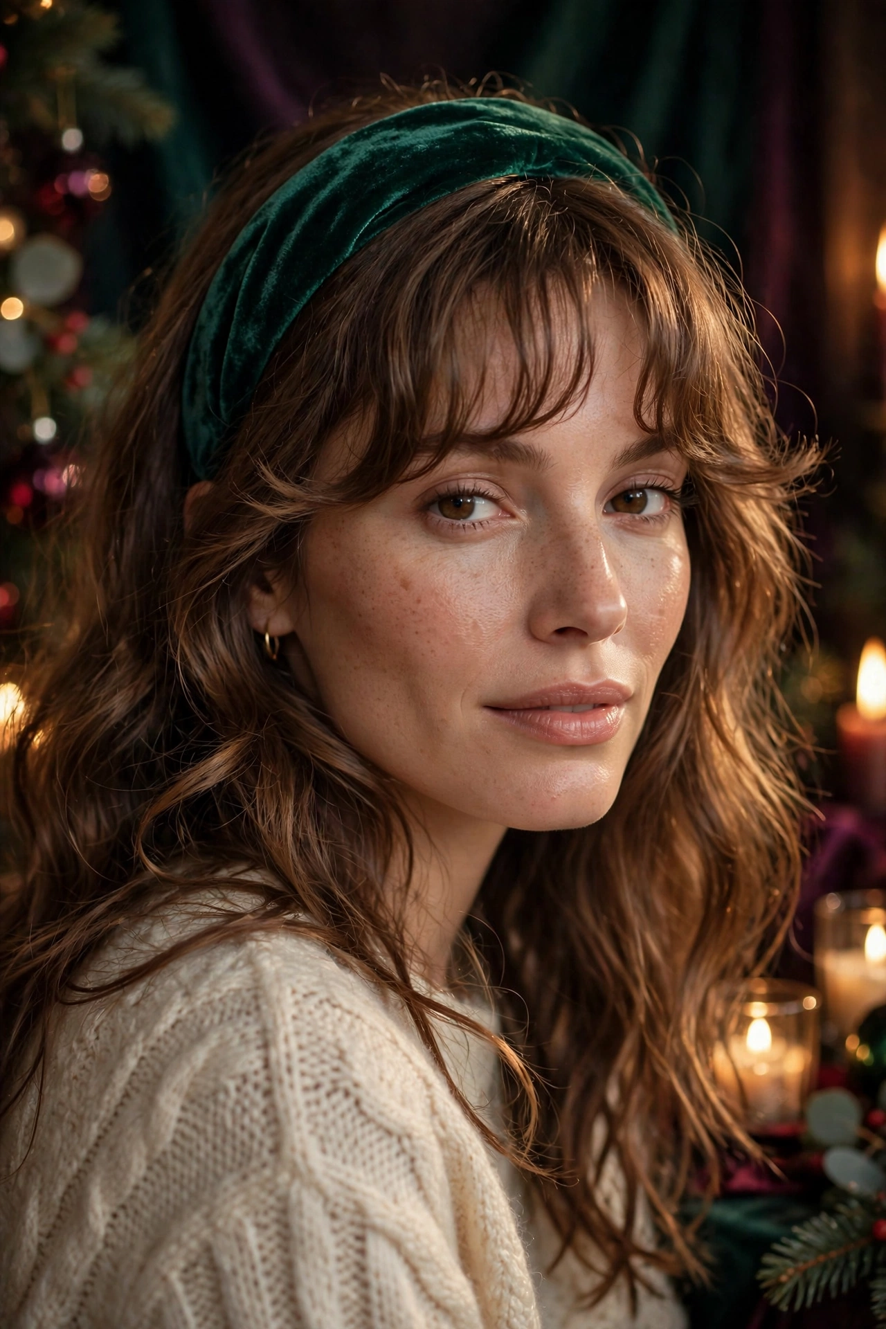 Curtain bangs with soft curls and emerald velvet headband Christmas hairstyle