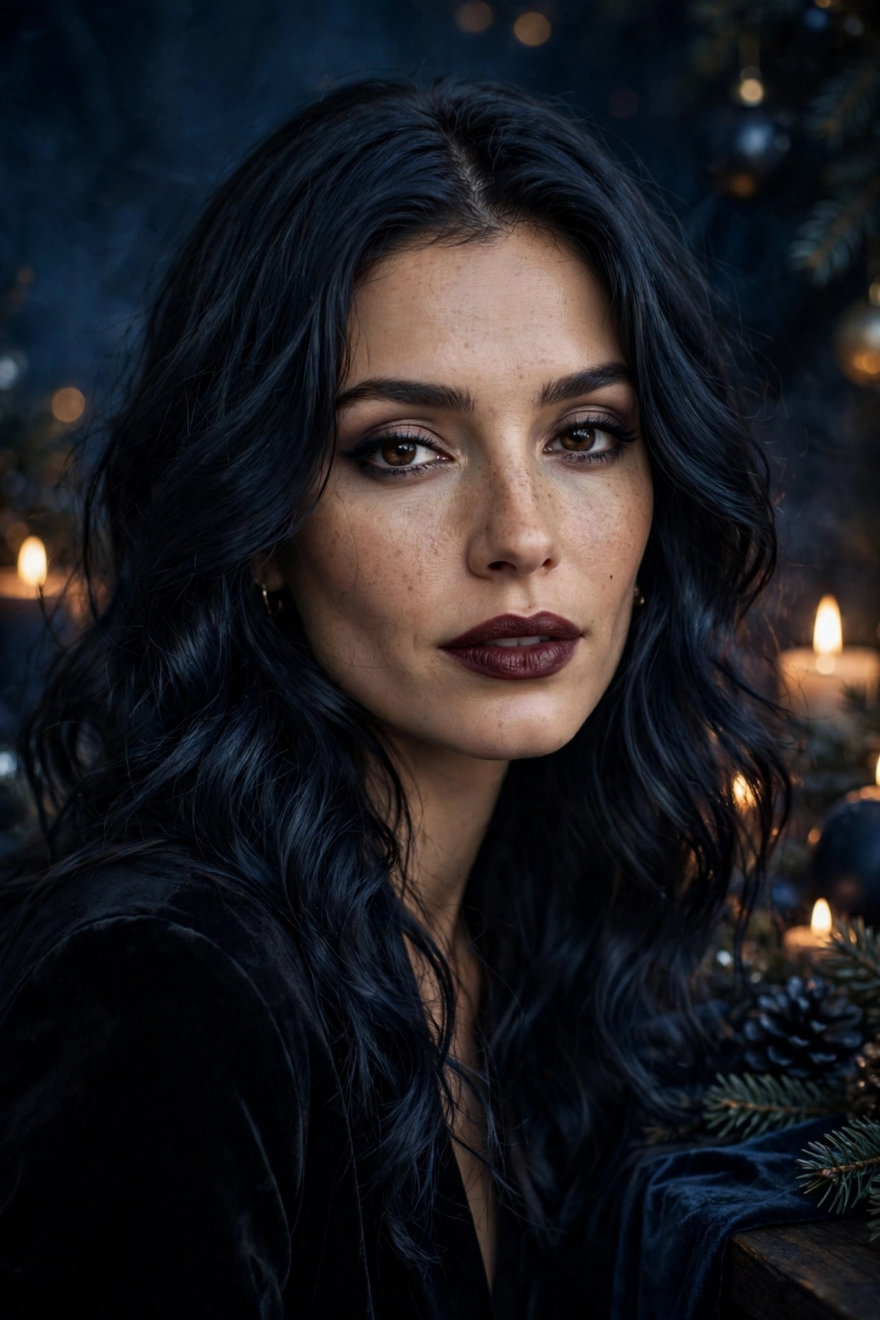 Dark romantic midnight navy tinted waves Christmas hairstyle