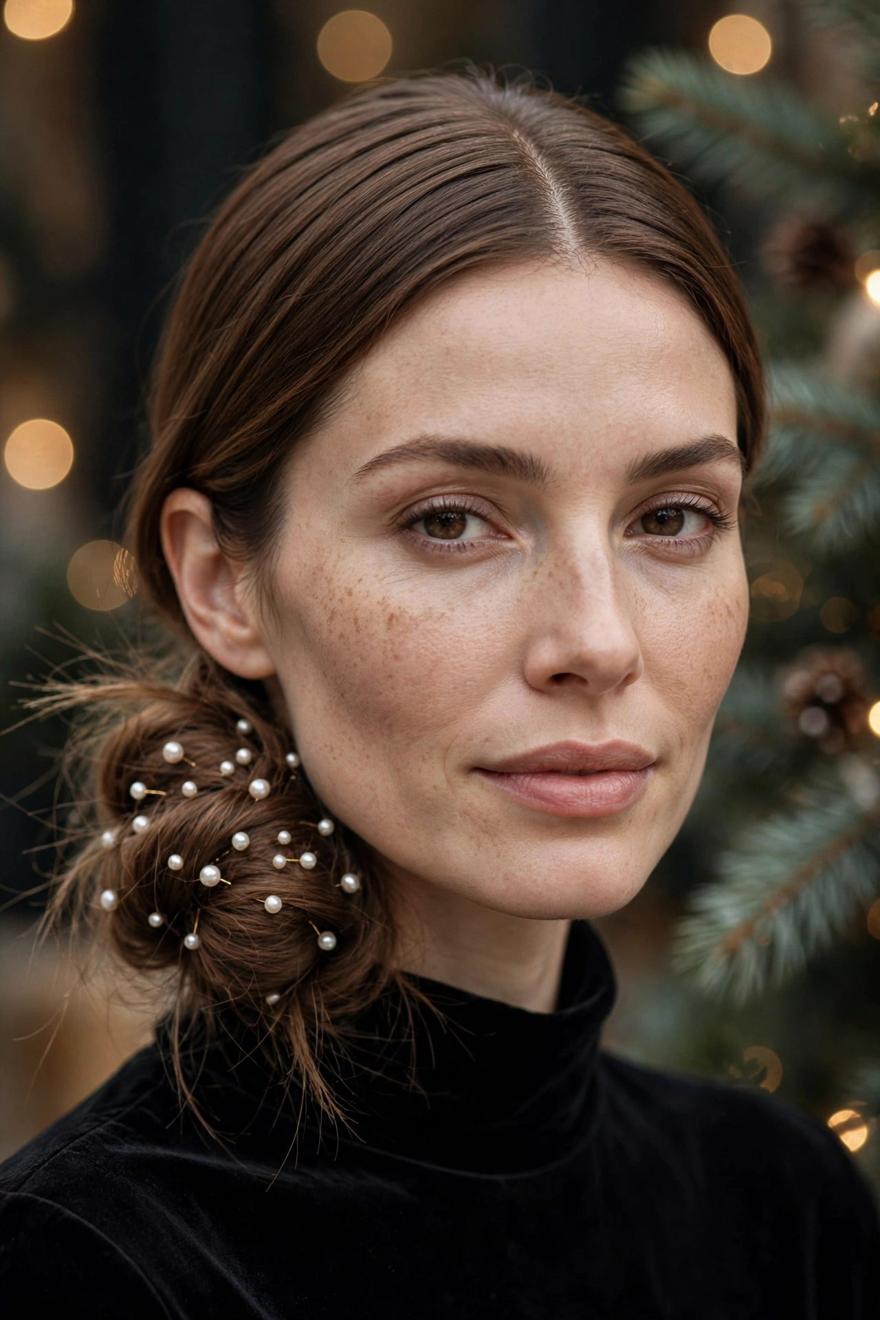 Low bun Christmas hairstyle studded with pearl hair pins