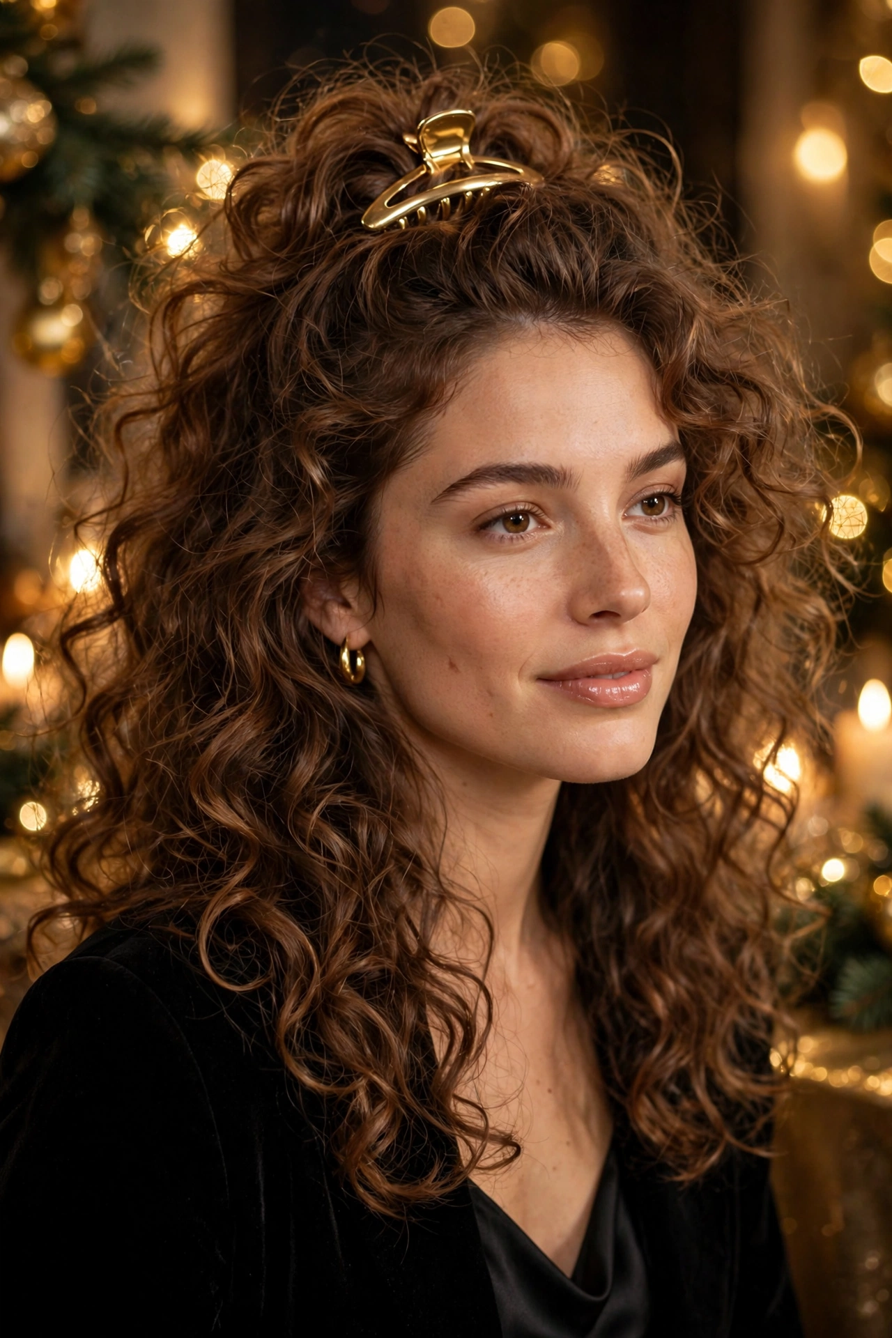 Big bouncy Christmas curls half pinned with gold claw clip