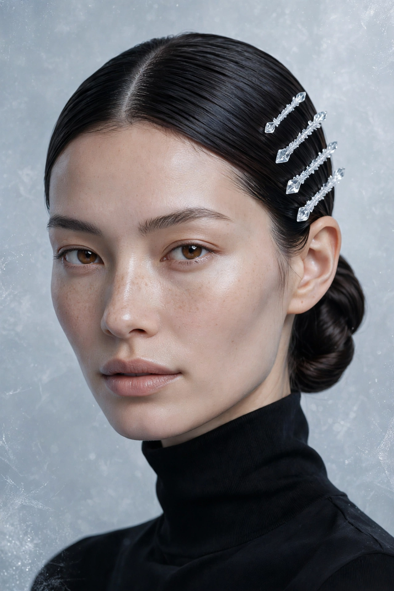 Sleek middle-part bun with crystal hair pins for icy Christmas glam
