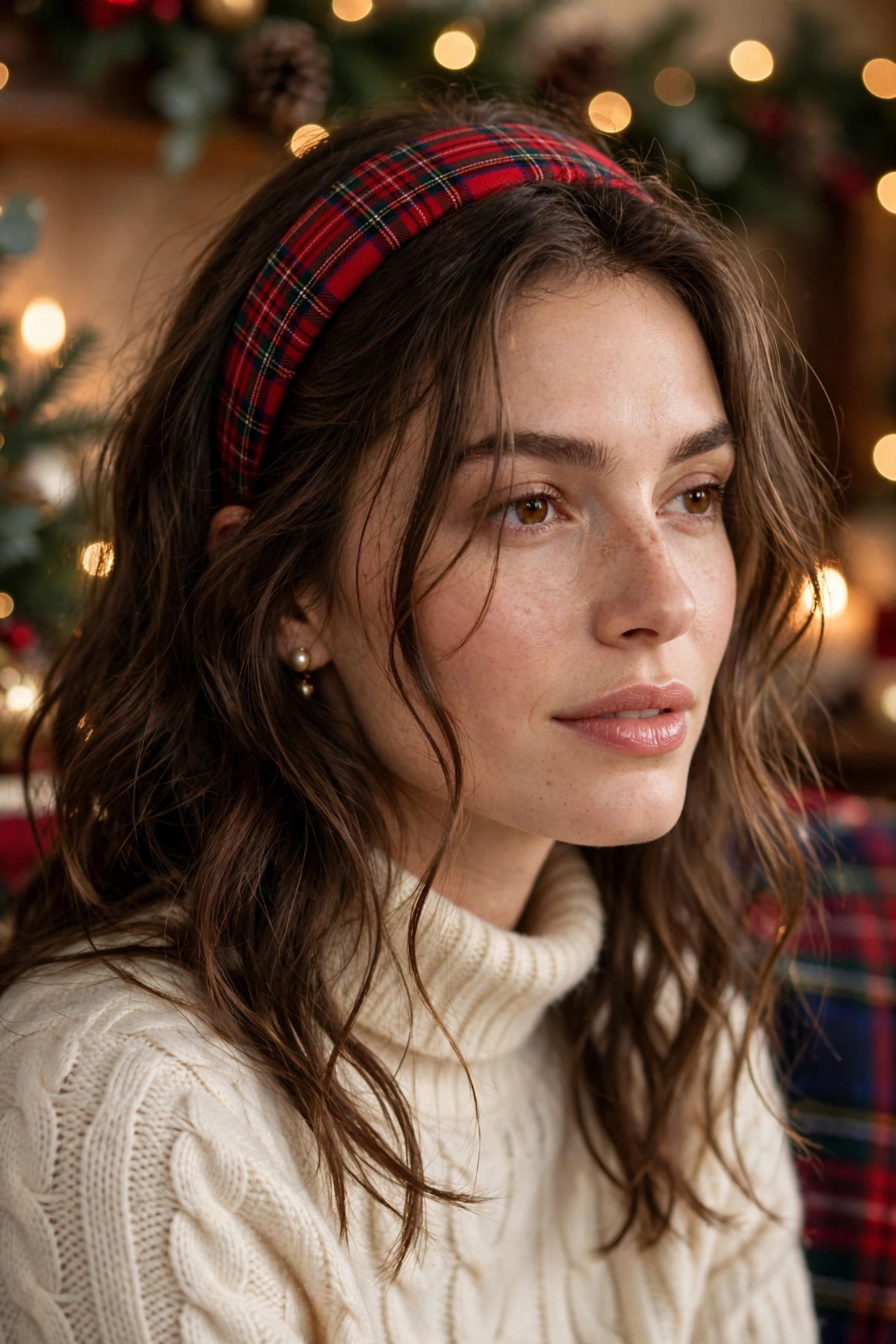 Soft waves with red tartan plaid headband Christmas hairstyle