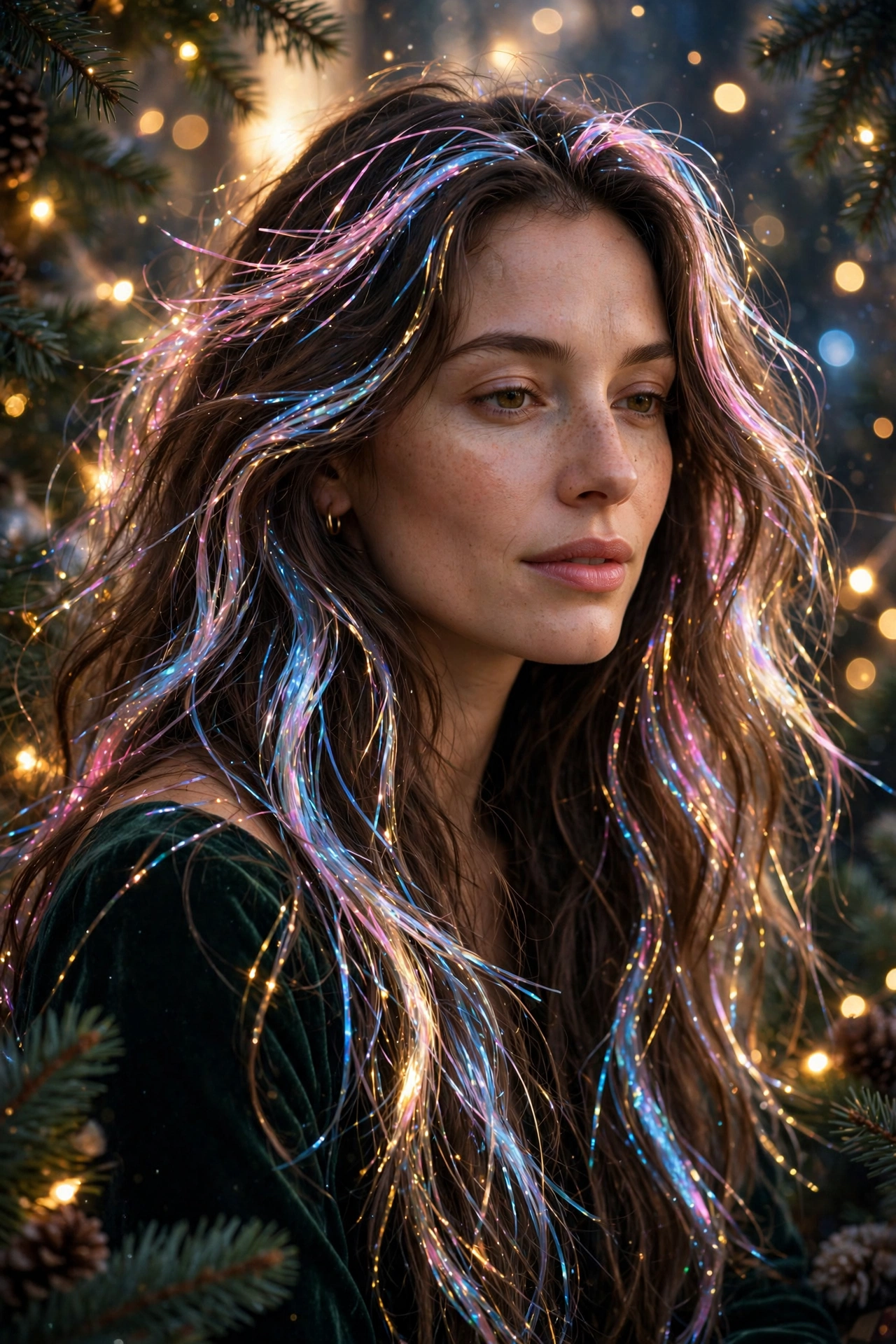 Long hair with opalescent shimmering hair tinsel for Christmas